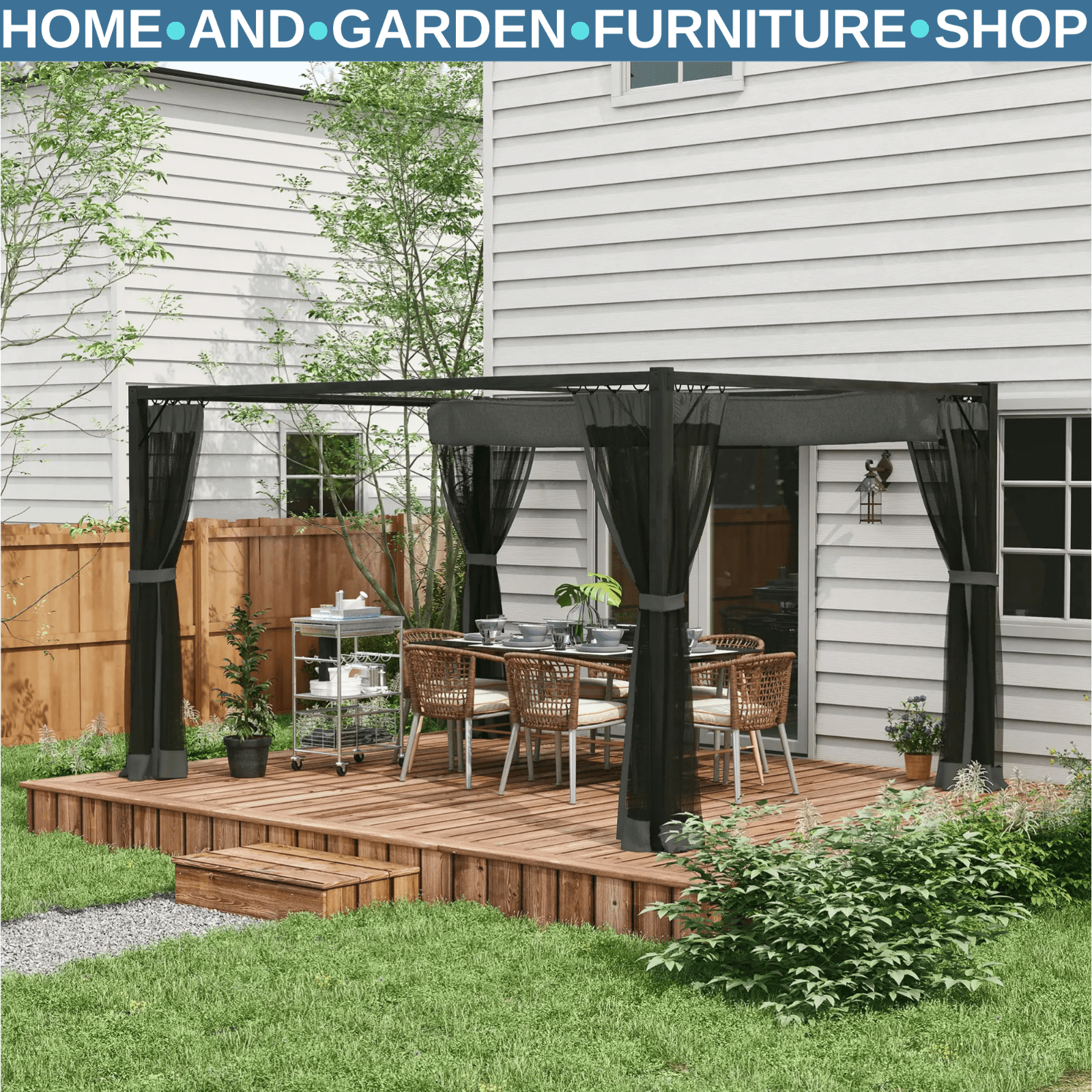 3 x 4m Retractable Pergola Gazebo with Netting Garden Shelter Patio Deck Canopy - Home and Garden Furniture Shop - rustic - furniture