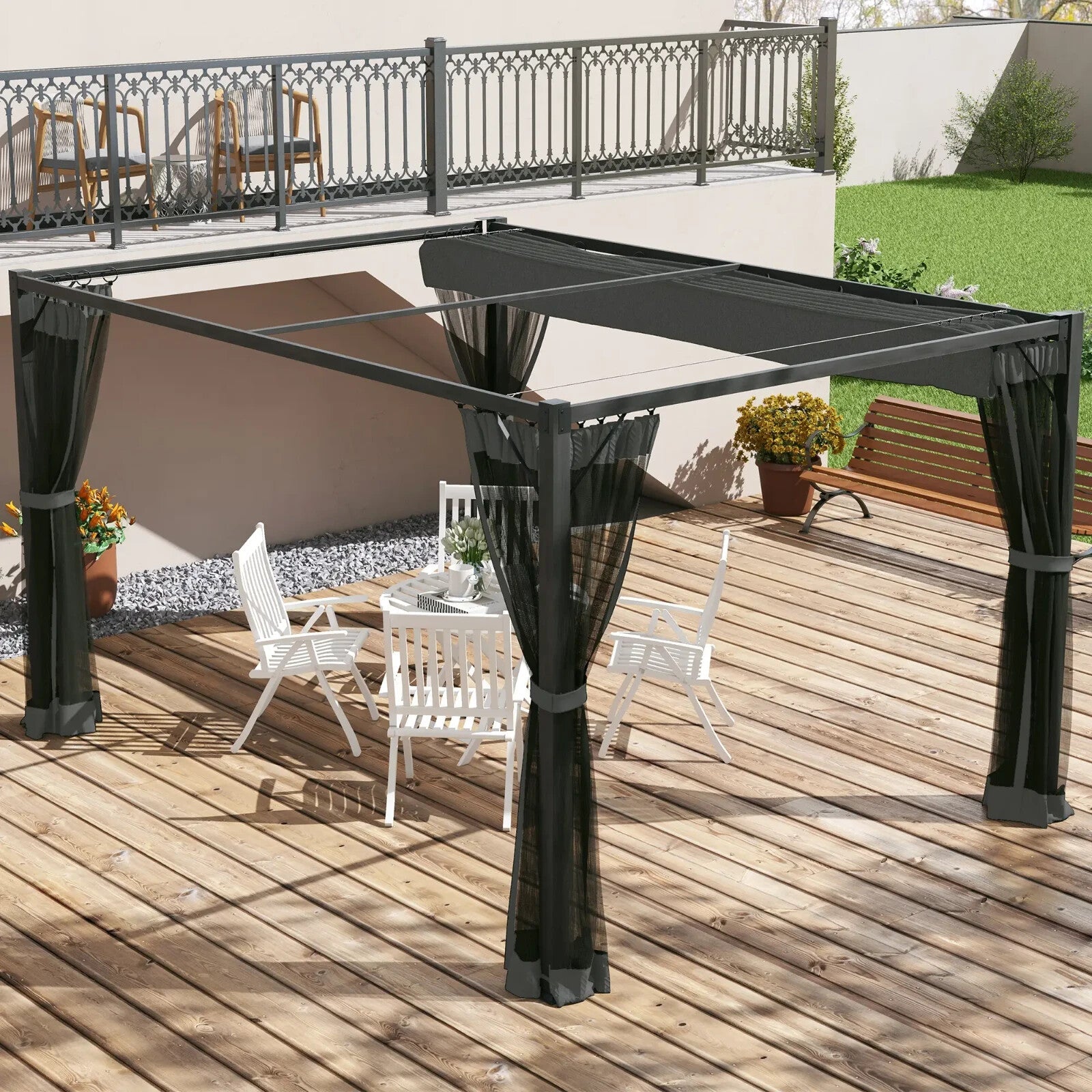 3 x 4m Retractable Pergola Gazebo with Netting Garden Shelter Patio Deck Canopy - Home and Garden Furniture Shop - rustic - furniture