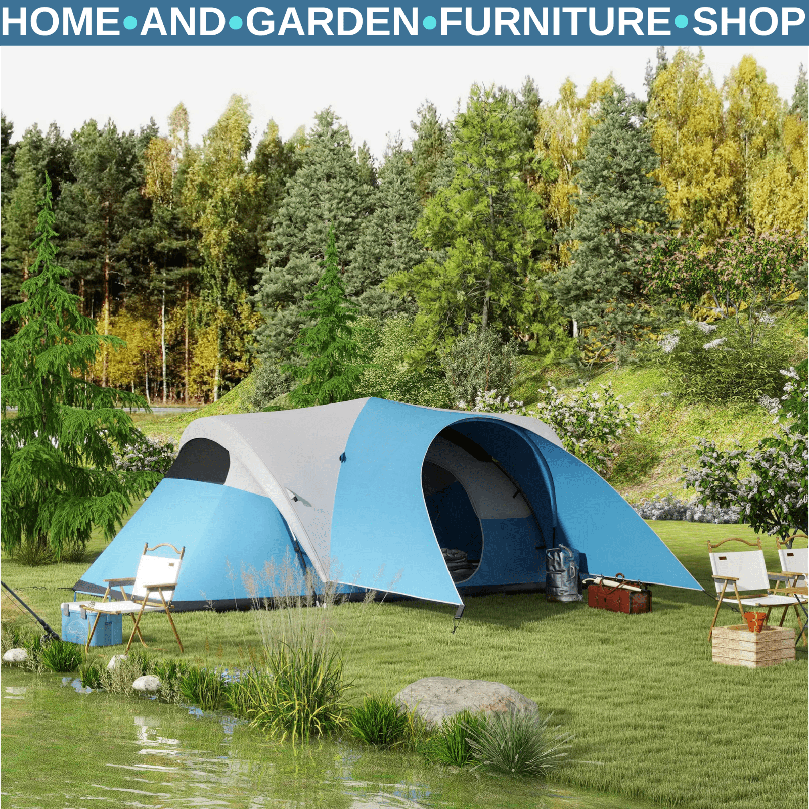 3000mm Waterproof Camping Tent 5 to 6 Man with Porch Groundsheet and Carry Bag - Home and Garden Furniture Shop - rustic - furniture
