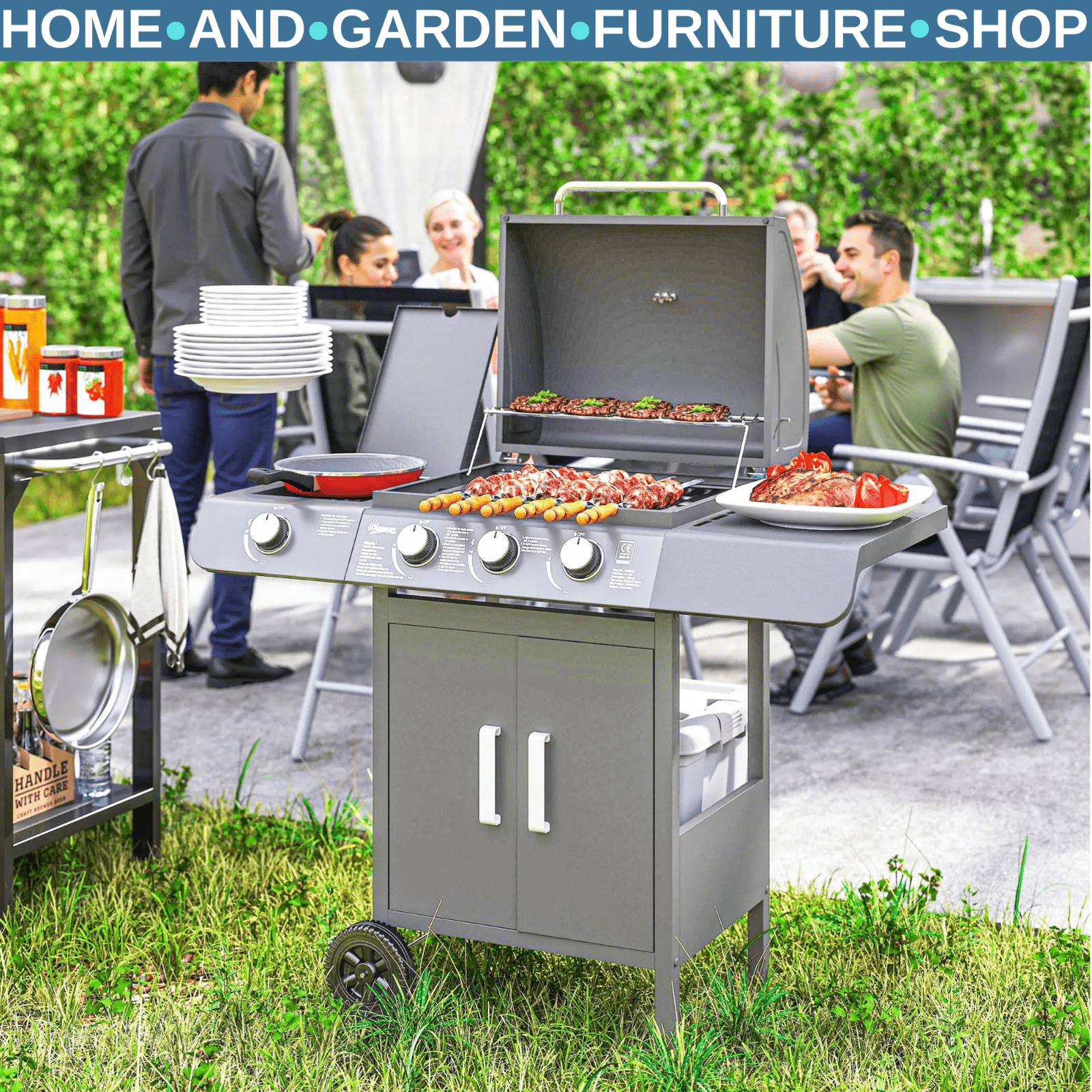 3+1 Burner Gas BBQ Grill Outdoor Barbecue Trolley with Wheel Shelves Thermometer - Home and Garden Furniture Shop - rustic - furniture