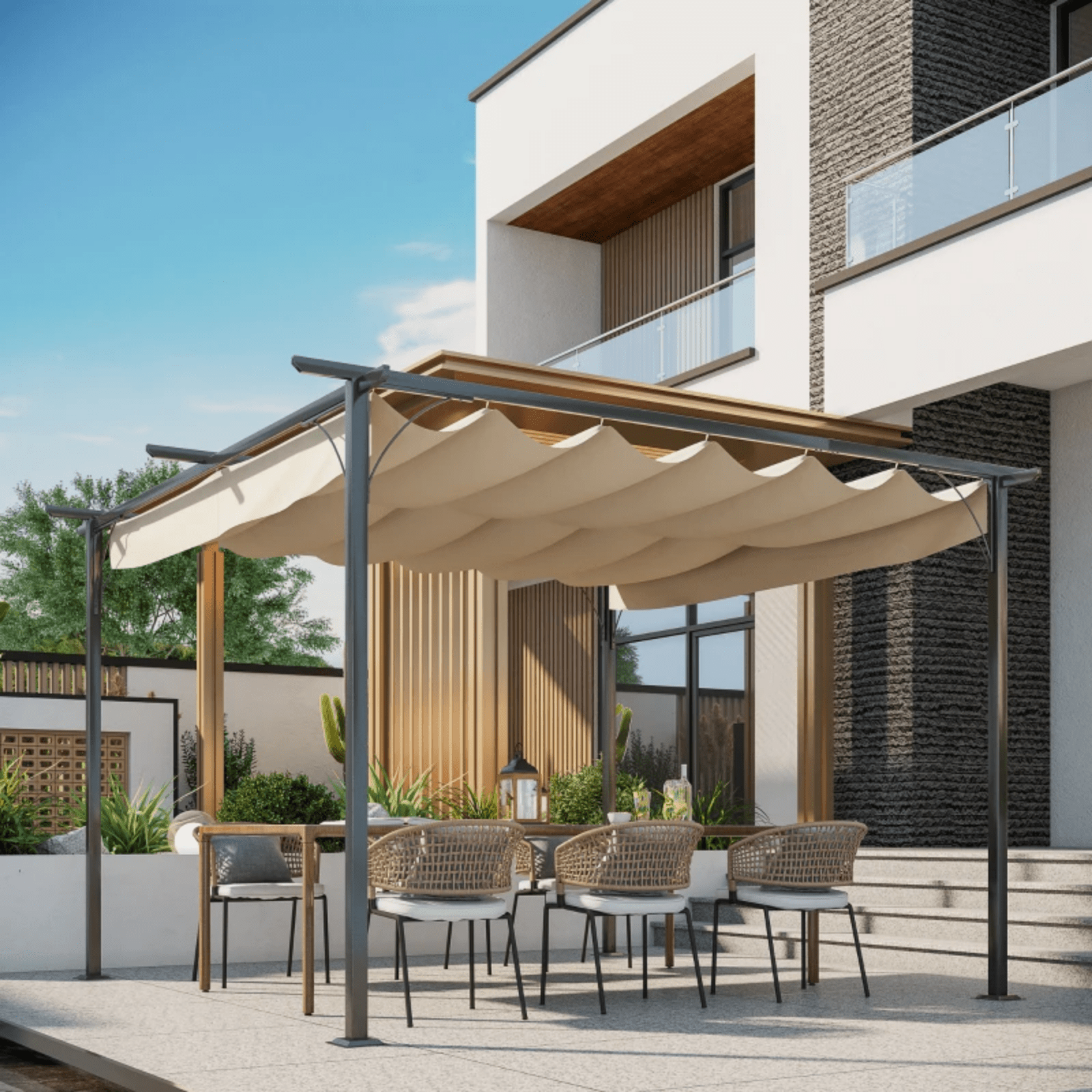 3.5 x 3.5m Metal Pergola Patio Gazebo Porch Awning Retractable Canopy Sun Shade - Home and Garden Furniture Shop - rustic - furniture
