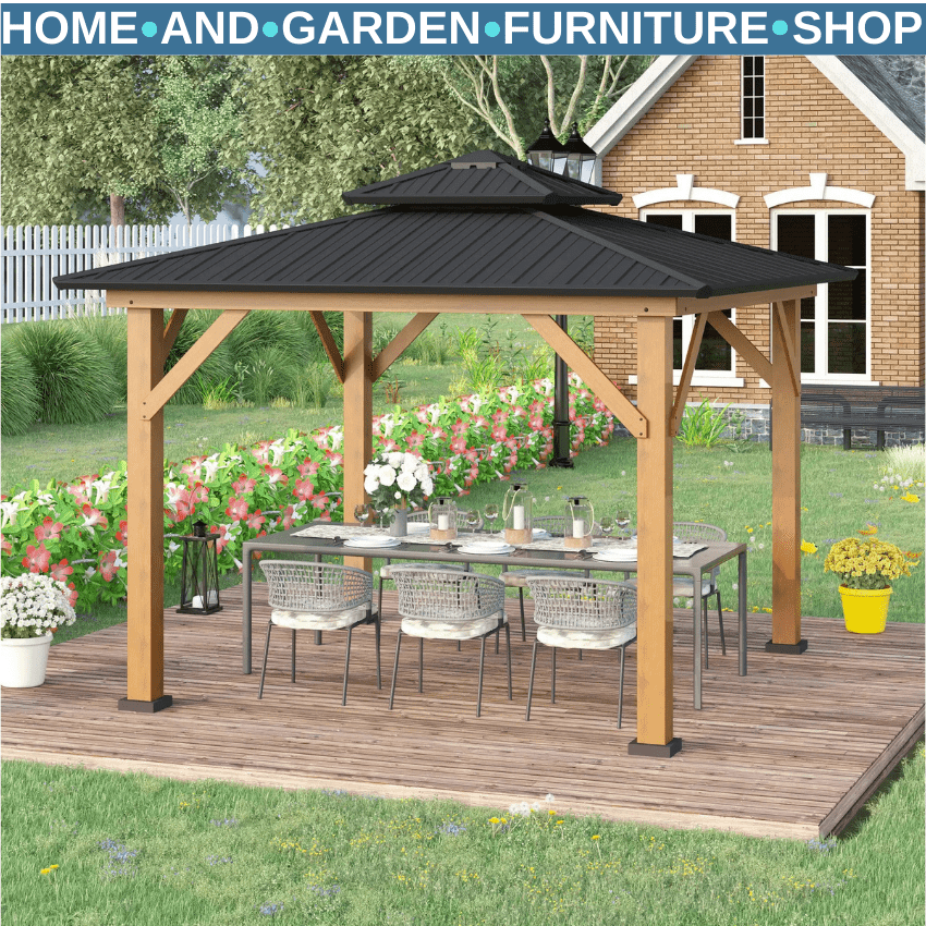 3.5 x 3.5m Outdoor Hardtop Gazebo with 2 Tier Roof and Solid Wood Frame Shelter - Home and Garden Furniture Shop - rustic - furniture