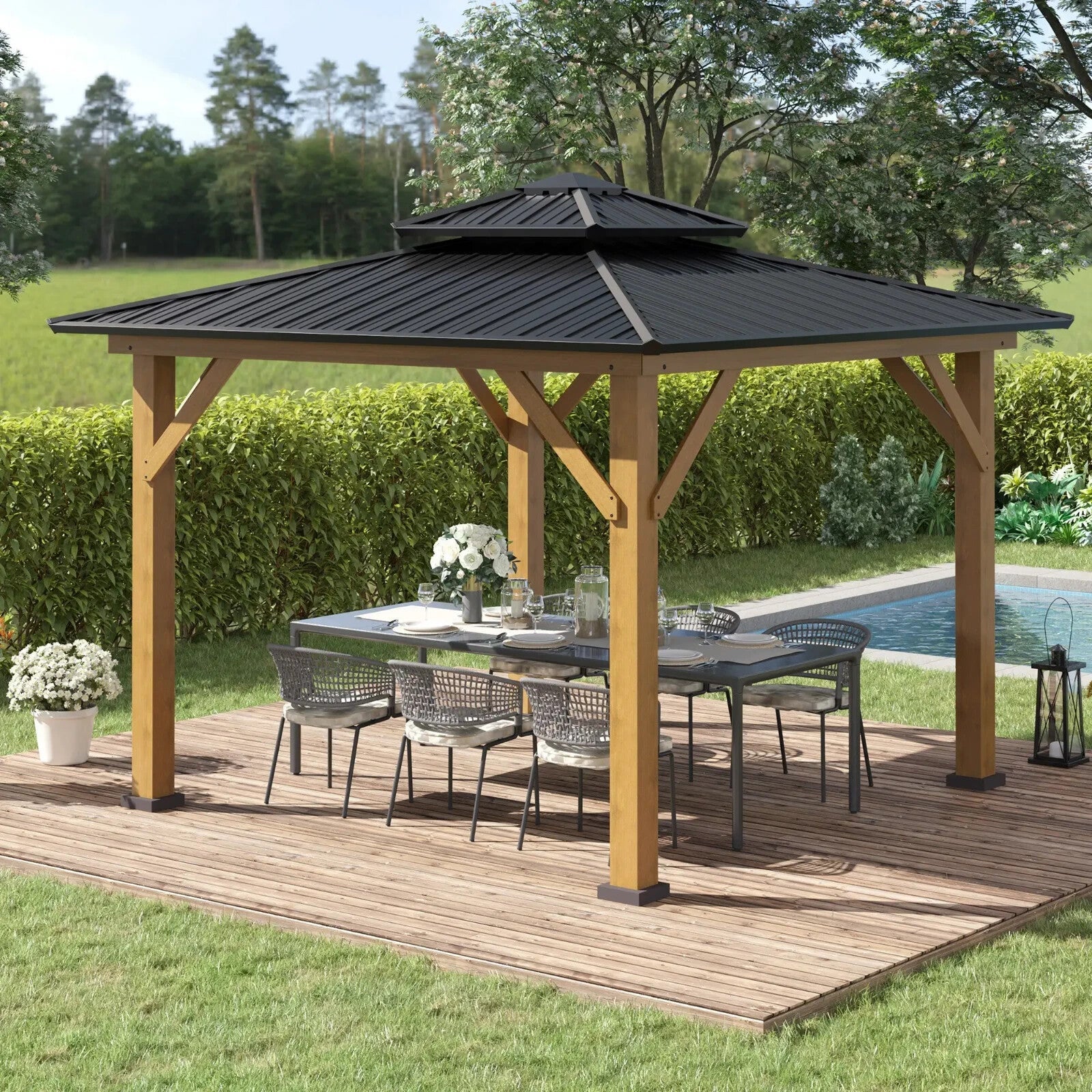 3.5 x 3.5m Outdoor Hardtop Gazebo with 2 Tier Roof and Solid Wood Frame Shelter - Home and Garden Furniture Shop - rustic - furniture