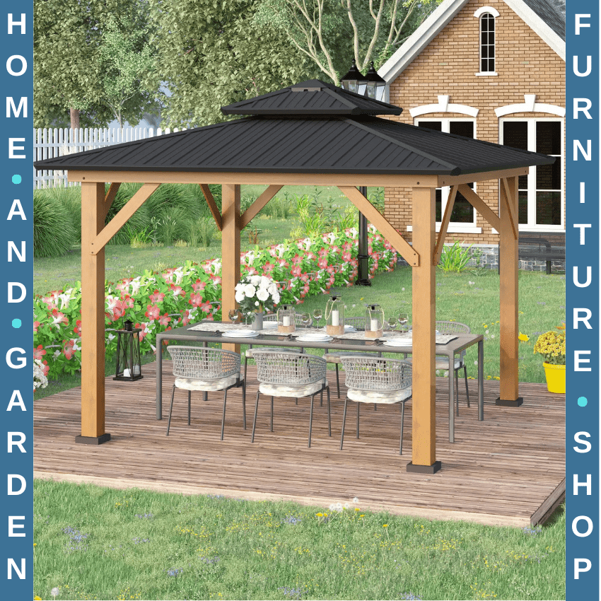 3.5 x 3.5m Outdoor Hardtop Gazebo with 2 Tier Roof and Solid Wood Frame Shelter - Home and Garden Furniture Shop - rustic - furniture