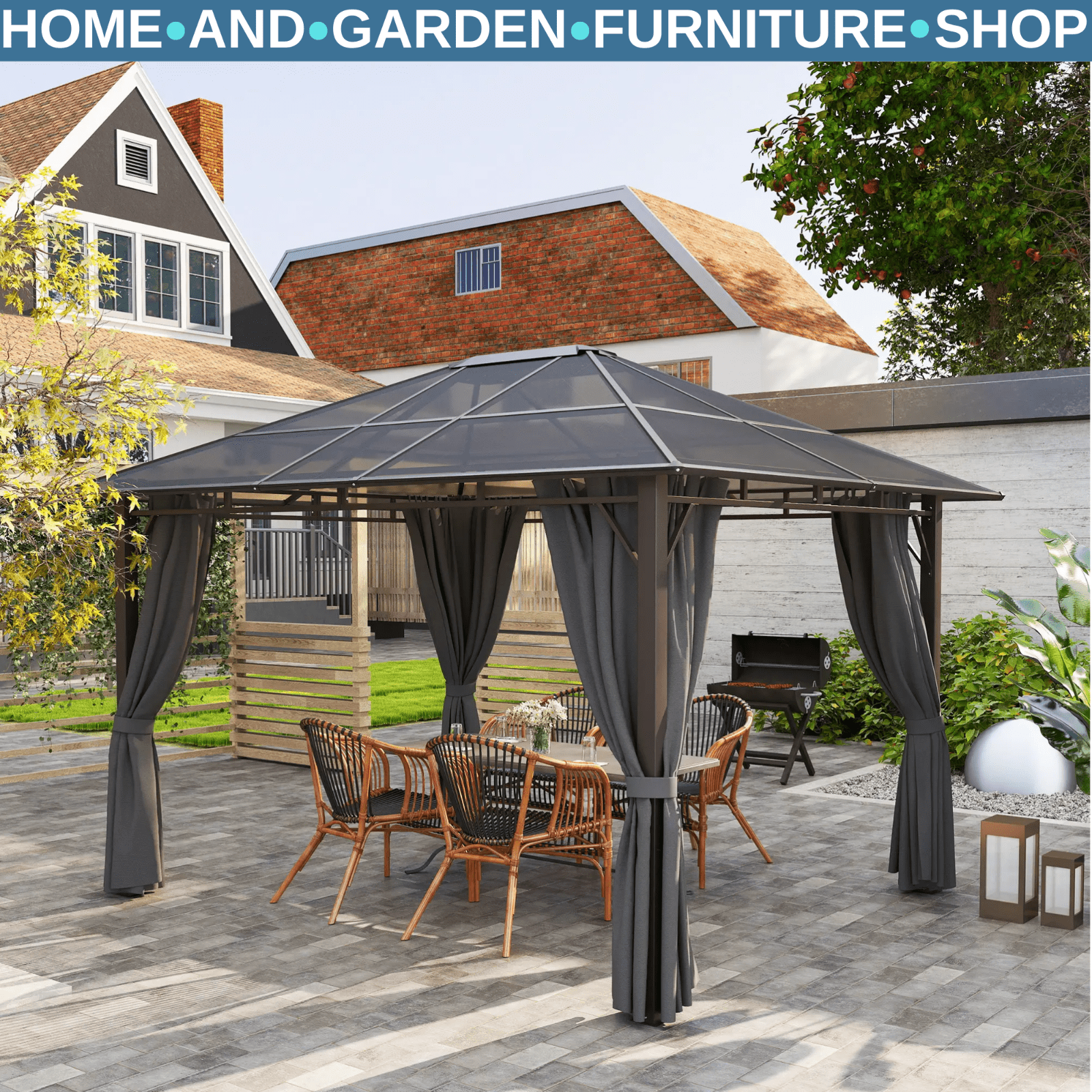 3.6 x 3m Hardtop Gazebo Garden with Sides Pavilion Tent Polycarbonate Roof Shade - Home and Garden Furniture Shop - rustic - furniture