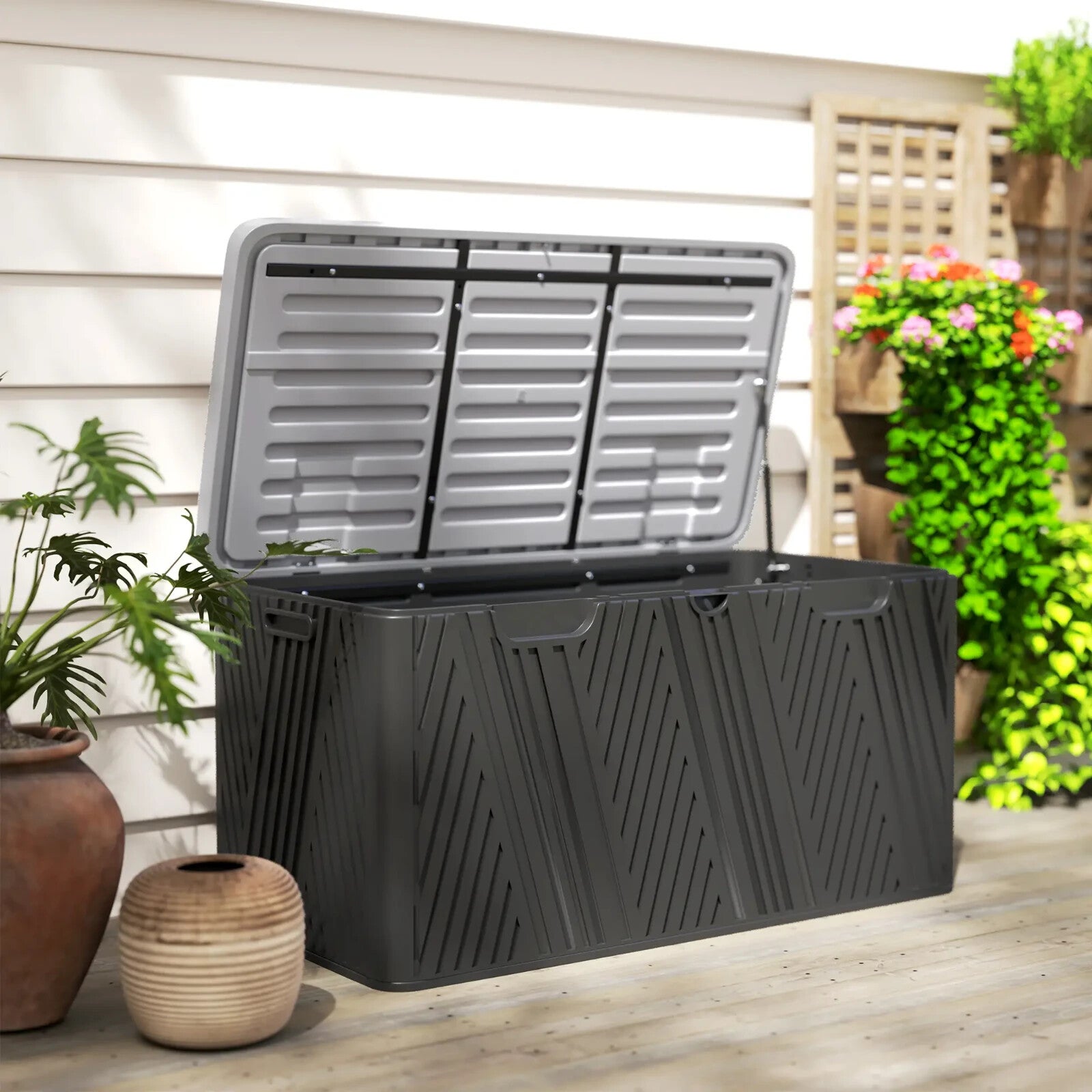 380L Garden Storage Box Outdoor Waterproof Double Layer with Lockable Lid Handle - Home and Garden Furniture Shop - rustic - furniture