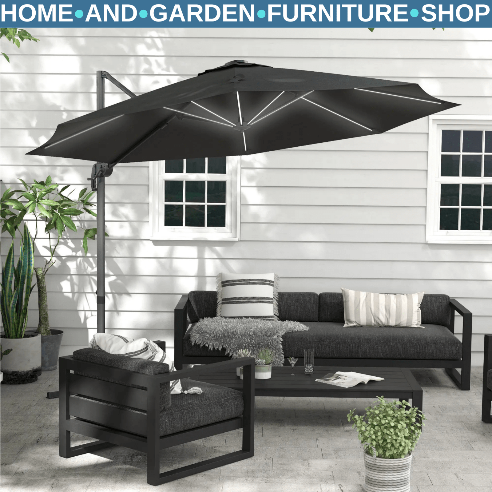 3m Adjustable Cantilever Parasol with Base and Solar LED Lights Garden Umbrella - Home and Garden Furniture Shop - rustic - furniture