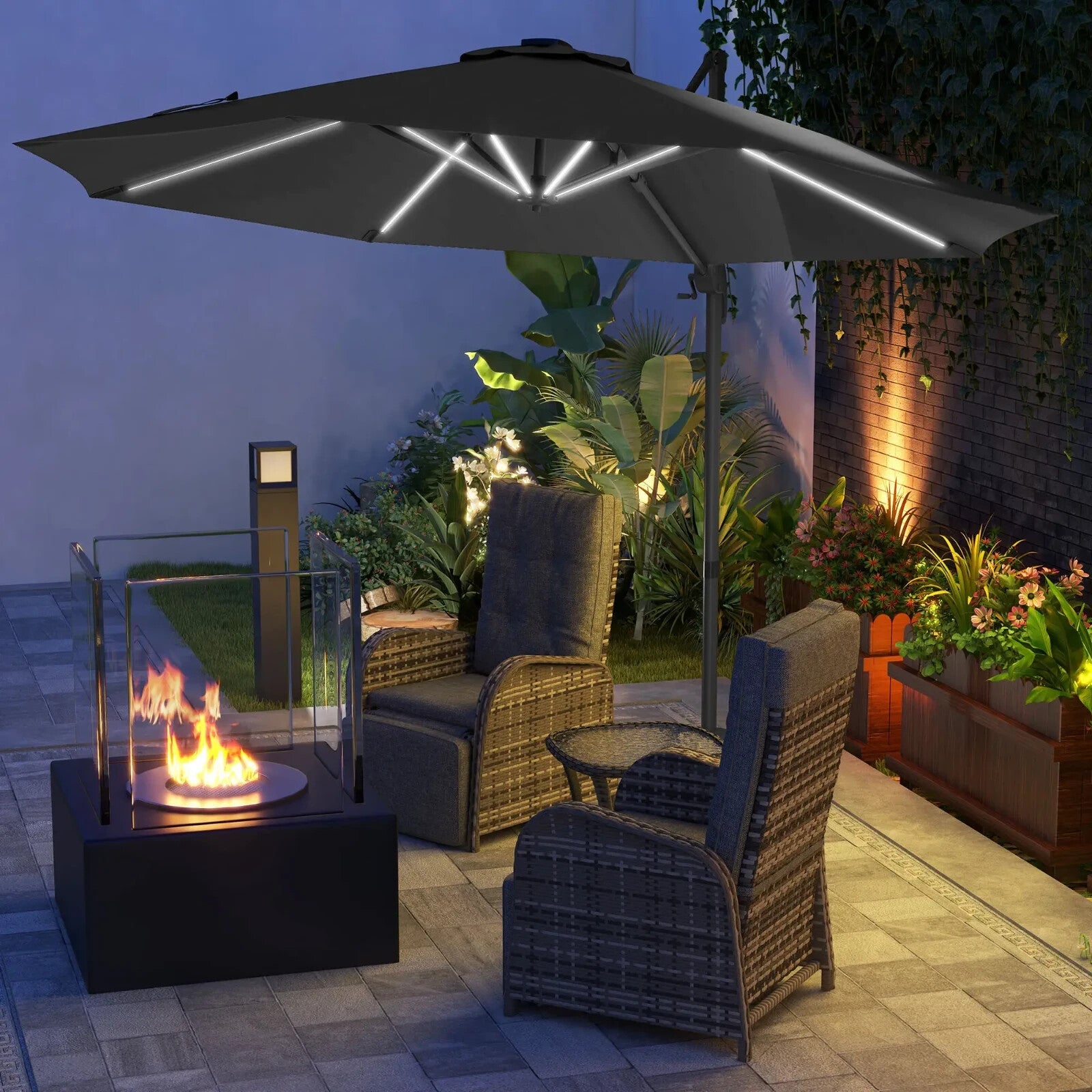 3m Adjustable Cantilever Parasol with Base and Solar LED Lights Garden Umbrella - Home and Garden Furniture Shop - rustic - furniture
