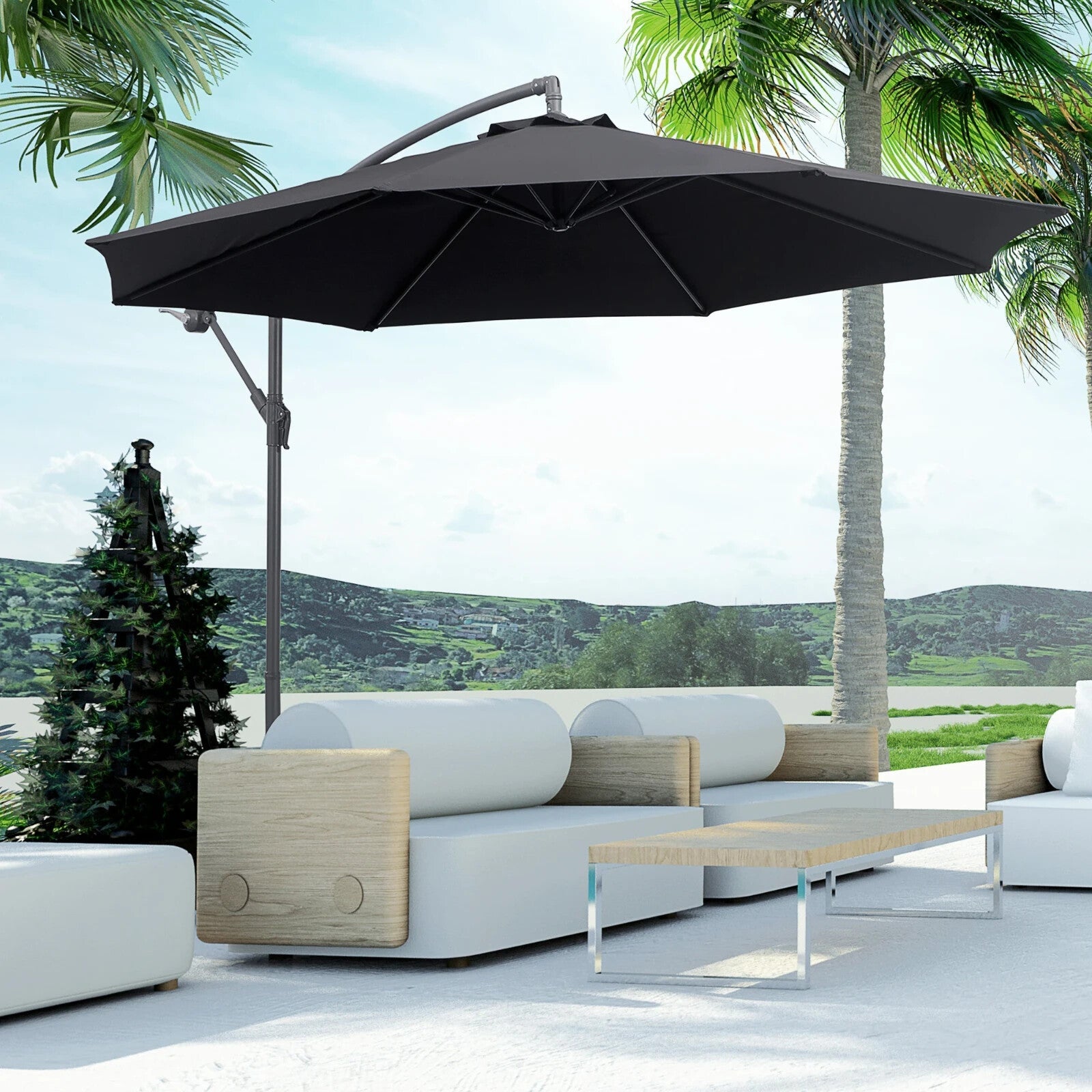 3m Banana Cantilever Parasol with Rattan Base Garden Patio Sun Umbrella Shade - Home and Garden Furniture Shop - rustic - furniture