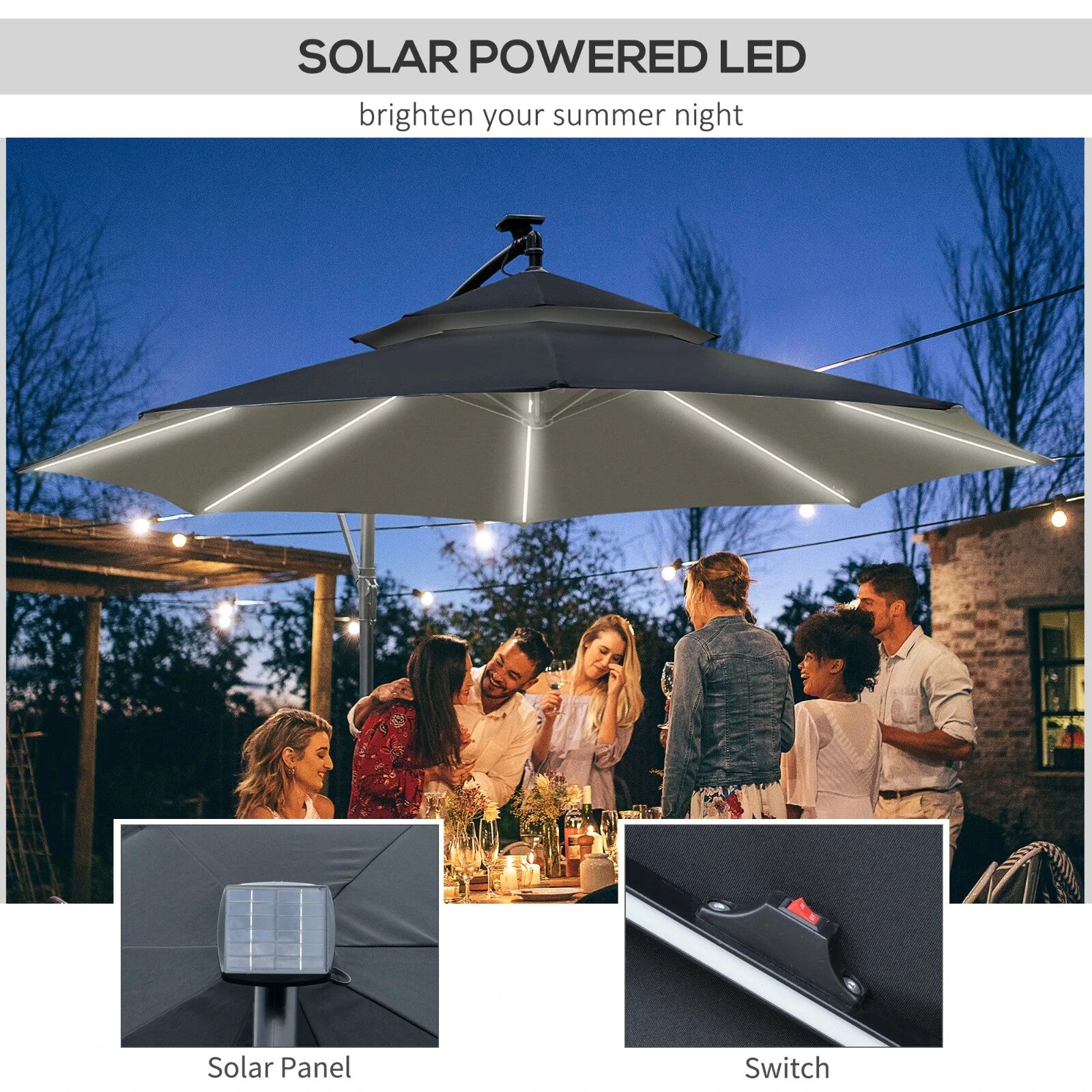 3m Black Cantilever Parasol with LED Solar Lights Crank Handle and Cross Base - Home and Garden Furniture Shop - rustic - furniture