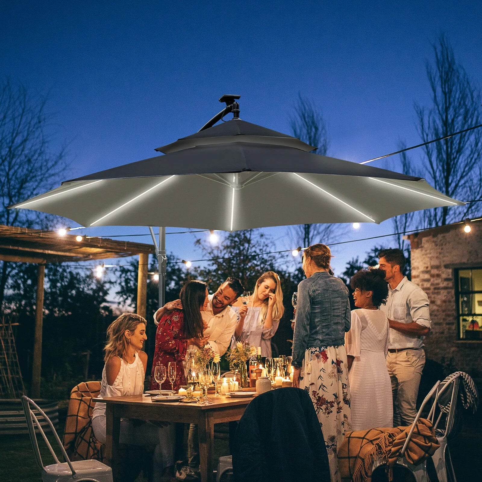 3m Black Cantilever Parasol with LED Solar Lights Crank Handle and Cross Base - Home and Garden Furniture Shop - rustic - furniture