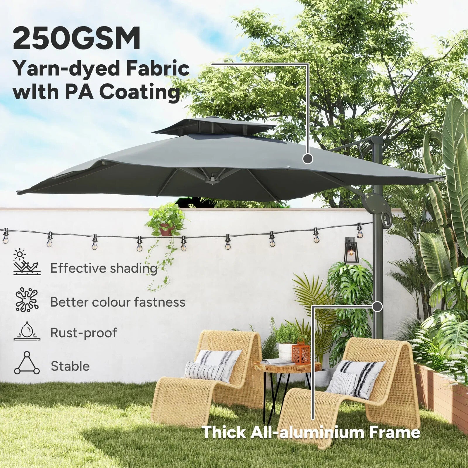 3m Cantilever Garden Parasol w/ Hydraulic Lift & Cross Base Dual Vented Sunshade - Home and Garden Furniture Shop - rustic - furniture