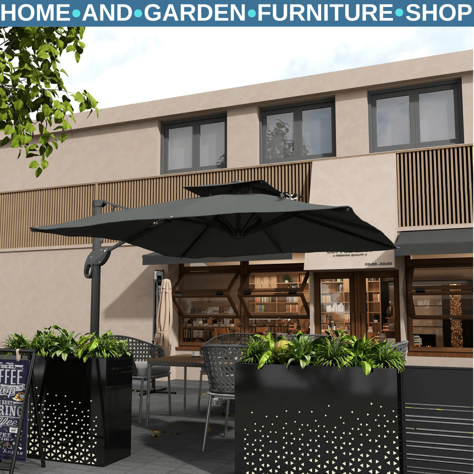 3m Cantilever Garden Parasol w/ Hydraulic Lift & Cross Base Dual Vented Sunshade - Home and Garden Furniture Shop - rustic - furniture