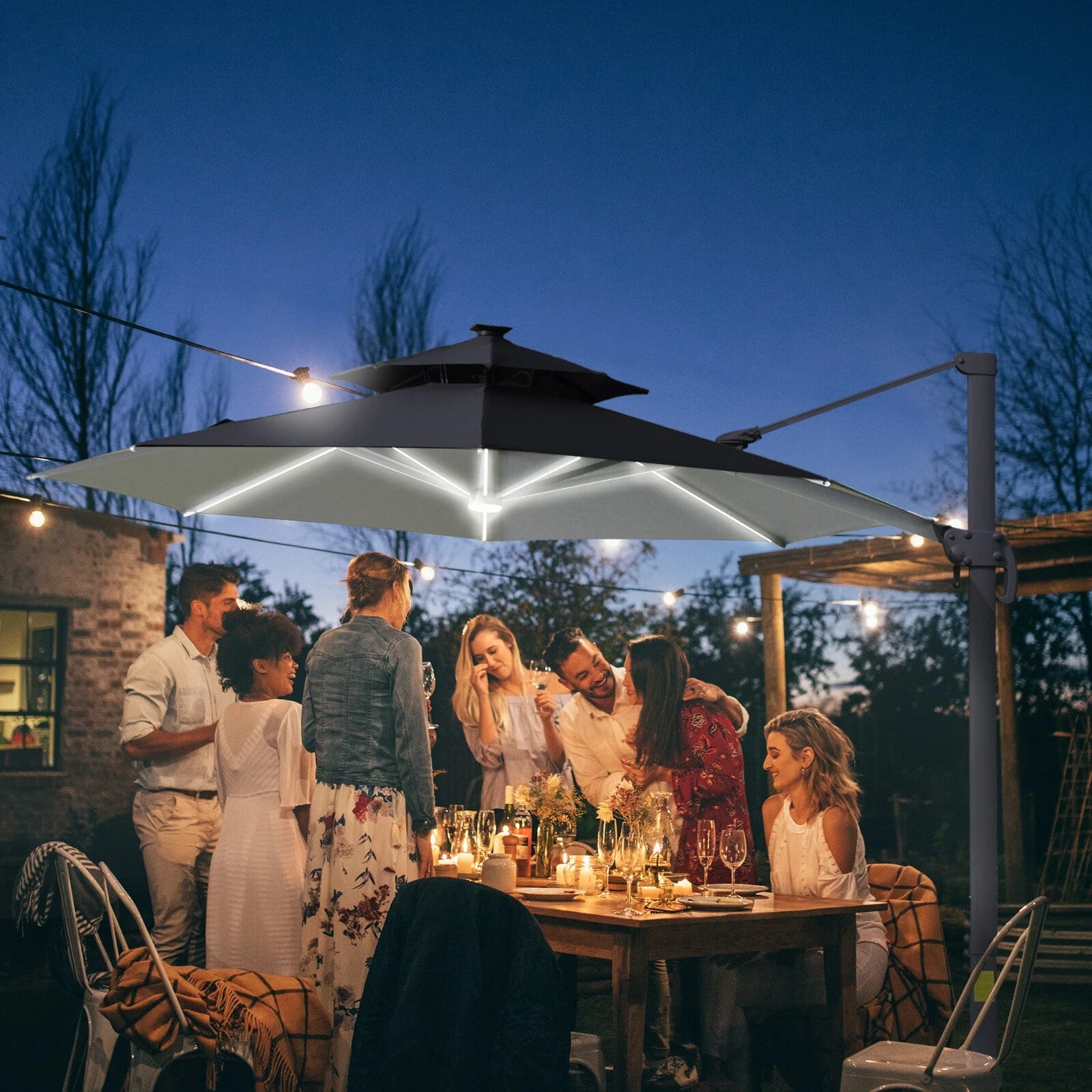 3m Cantilever Garden Parasol with LED Lights, Power Bank and 360° Rotating Base - Home and Garden Furniture Shop - rustic - furniture