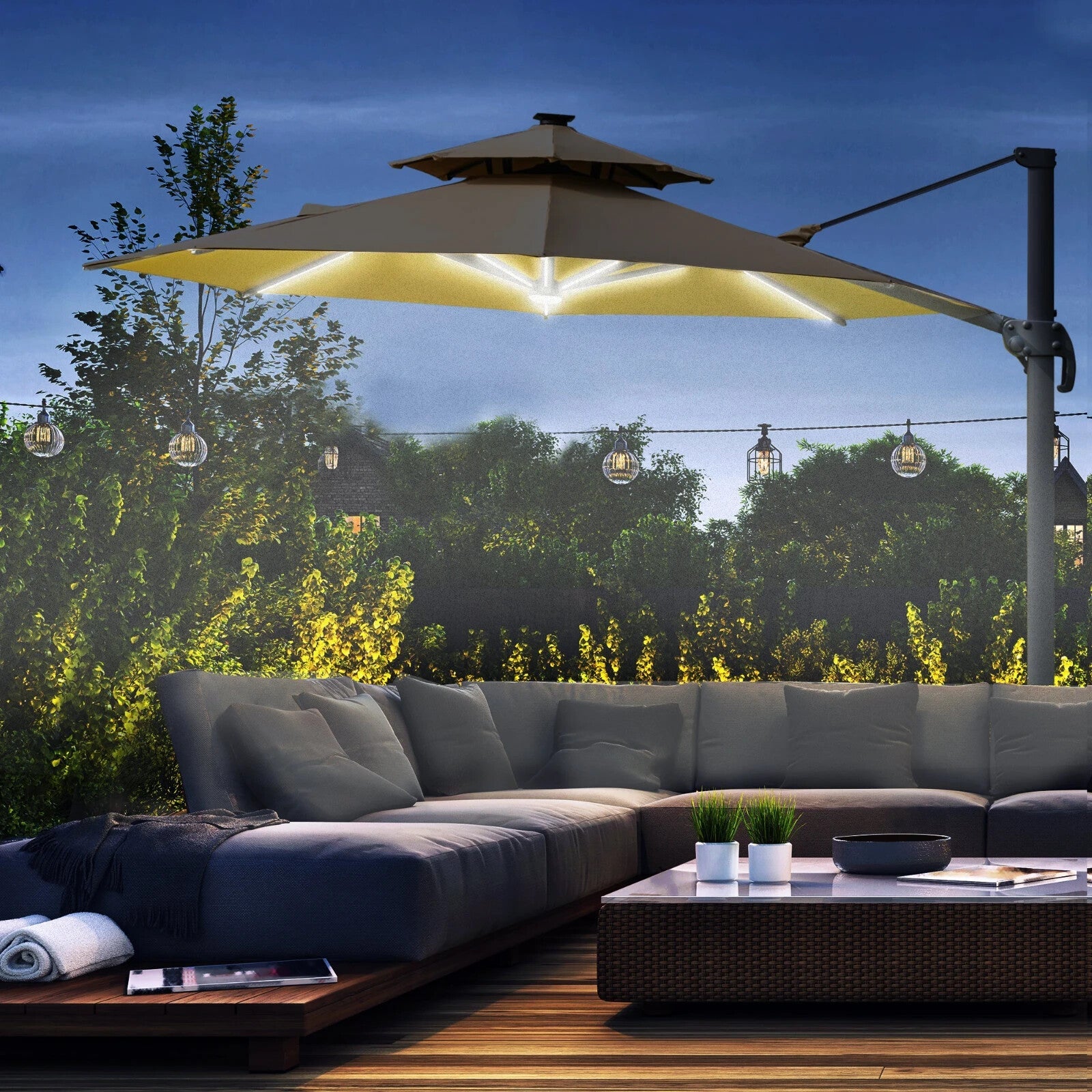 3m Cantilever Parasol w/ Solar Lights Power Bank & 360° Rotating Base for Garden - Home and Garden Furniture Shop - rustic - furniture