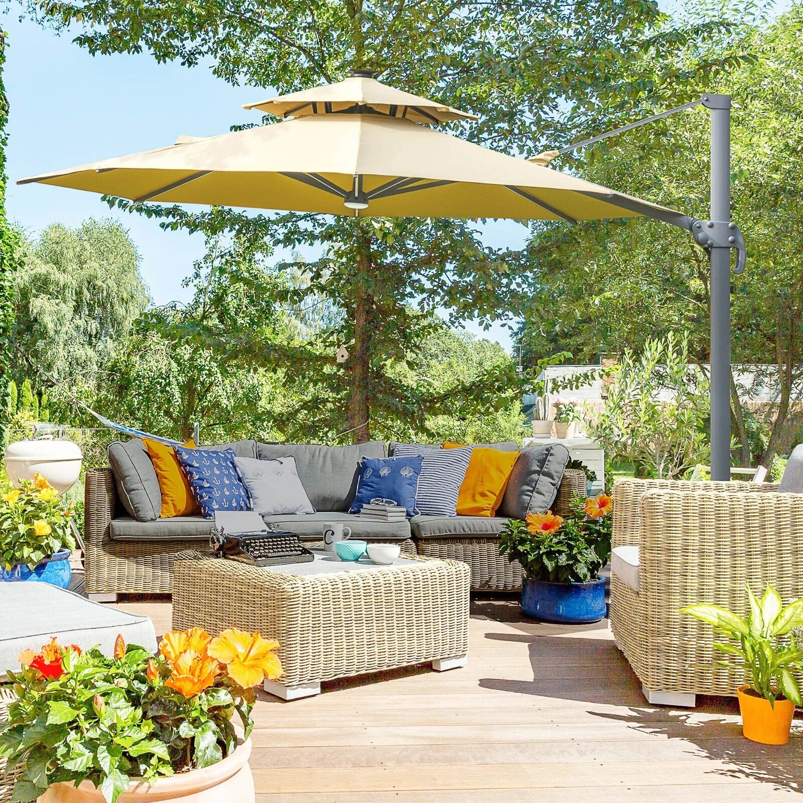 3m Cantilever Parasol w/ Solar Lights Power Bank & 360° Rotating Base for Garden - Home and Garden Furniture Shop - rustic - furniture