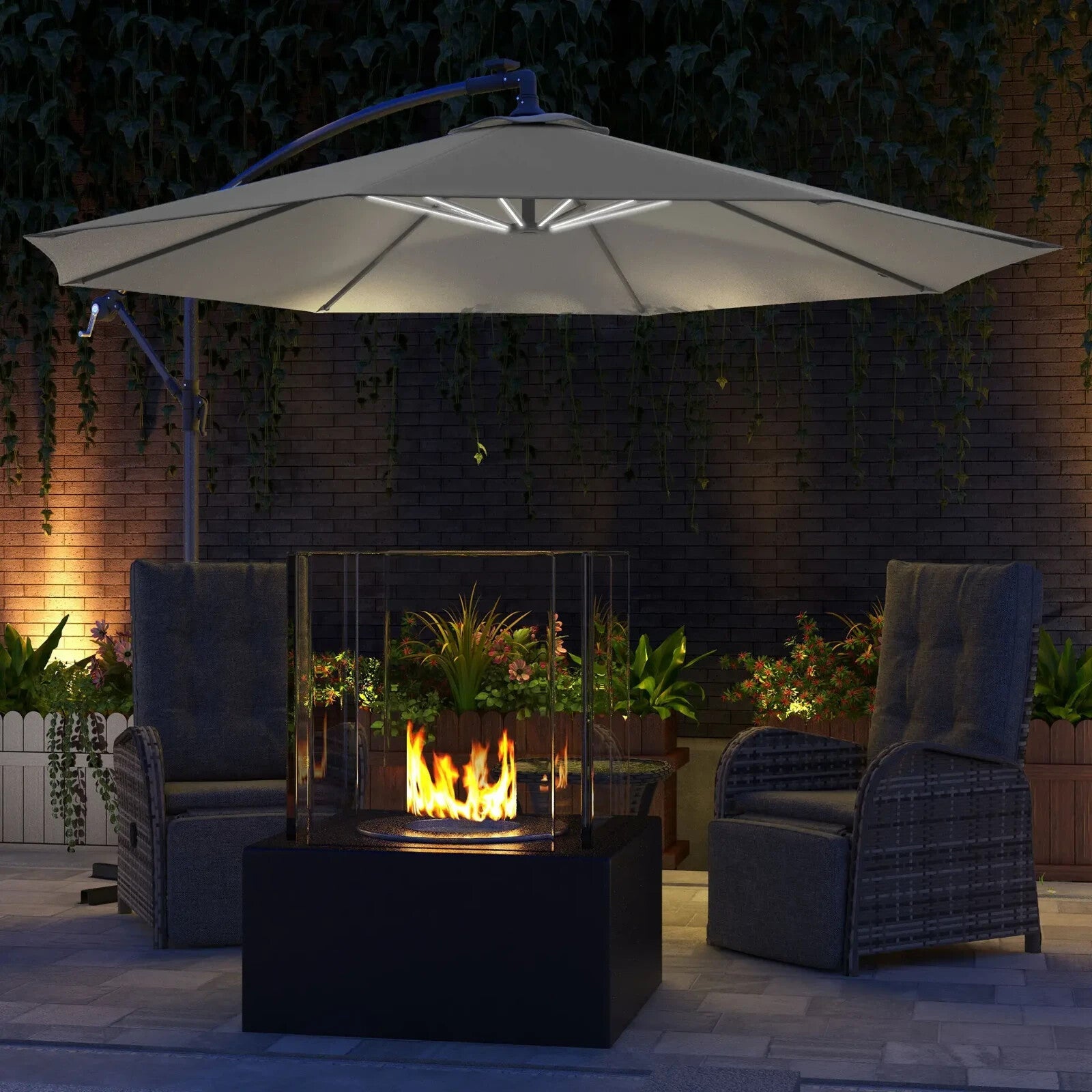 3m Cantilever Parasol with Base Solar LED Lights Crank Handle Garden Umbrella - Home and Garden Furniture Shop - rustic - furniture