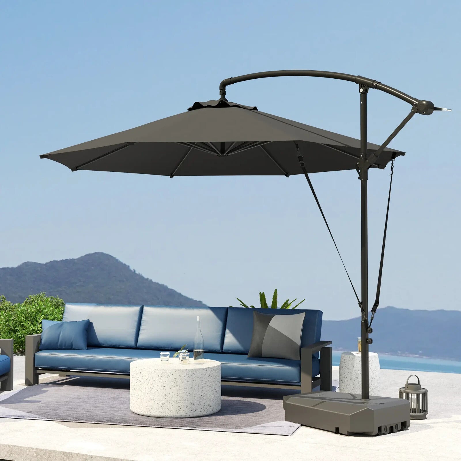 3m Garden Cantilever Parasol Fillable Base Wind Strap Cover Banana Umbrella Grey - Home and Garden Furniture Shop - rustic - furniture