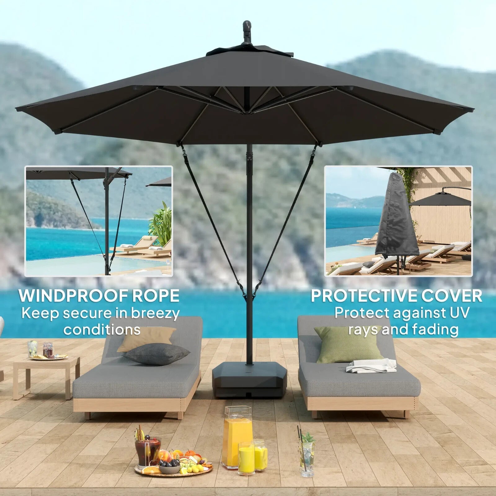 3m Garden Cantilever Parasol Fillable Base Wind Strap Cover Banana Umbrella Grey - Home and Garden Furniture Shop - rustic - furniture