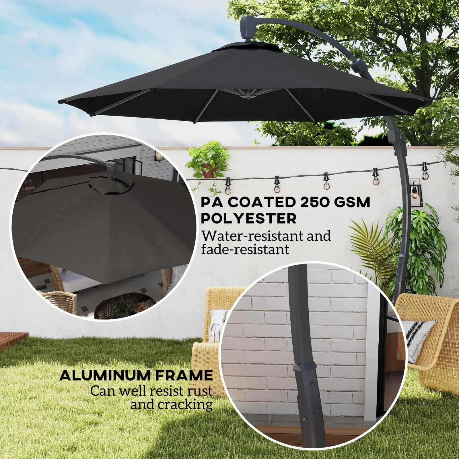 3m Garden Cantilever Parasol Overhanging Umbrella with Crank Handle & Base Black - Home and Garden Furniture Shop - rustic - furniture