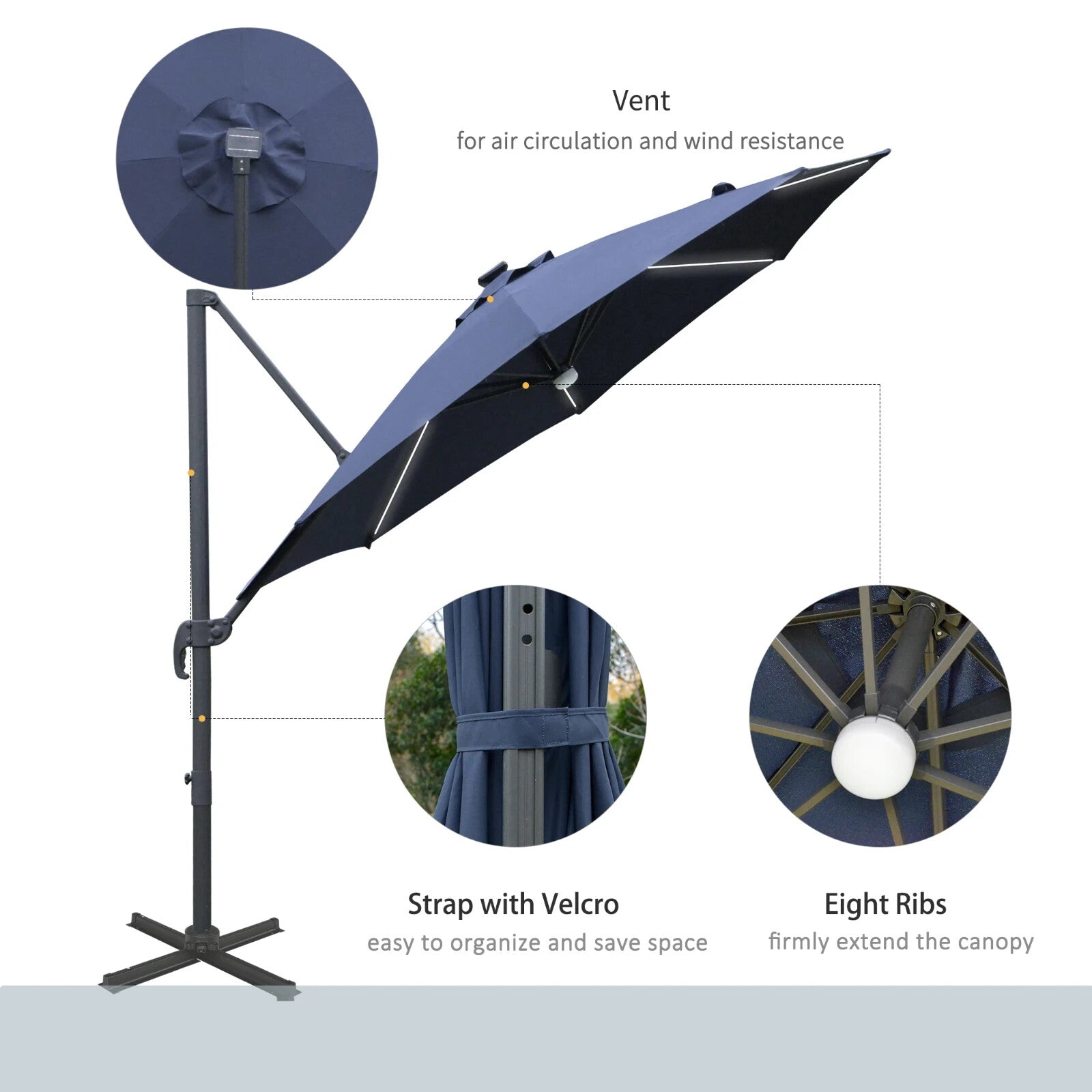3m LED Cantilever Garden Parasol with Solar Lights and Cross Base 2.92x2.92x2.4m - Home and Garden Furniture Shop - rustic - furniture