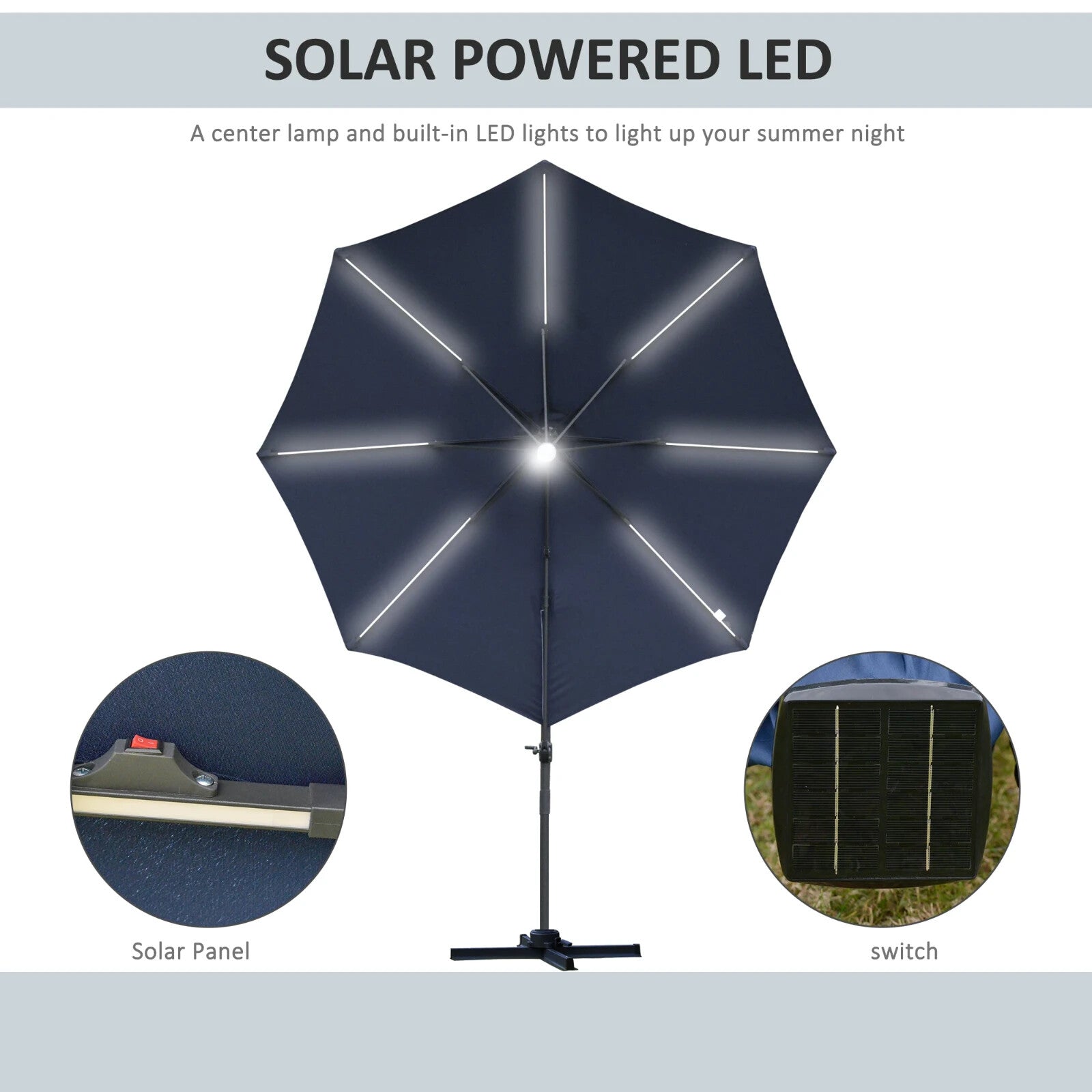 3m LED Cantilever Garden Parasol with Solar Lights and Cross Base 2.92x2.92x2.4m - Home and Garden Furniture Shop - rustic - furniture