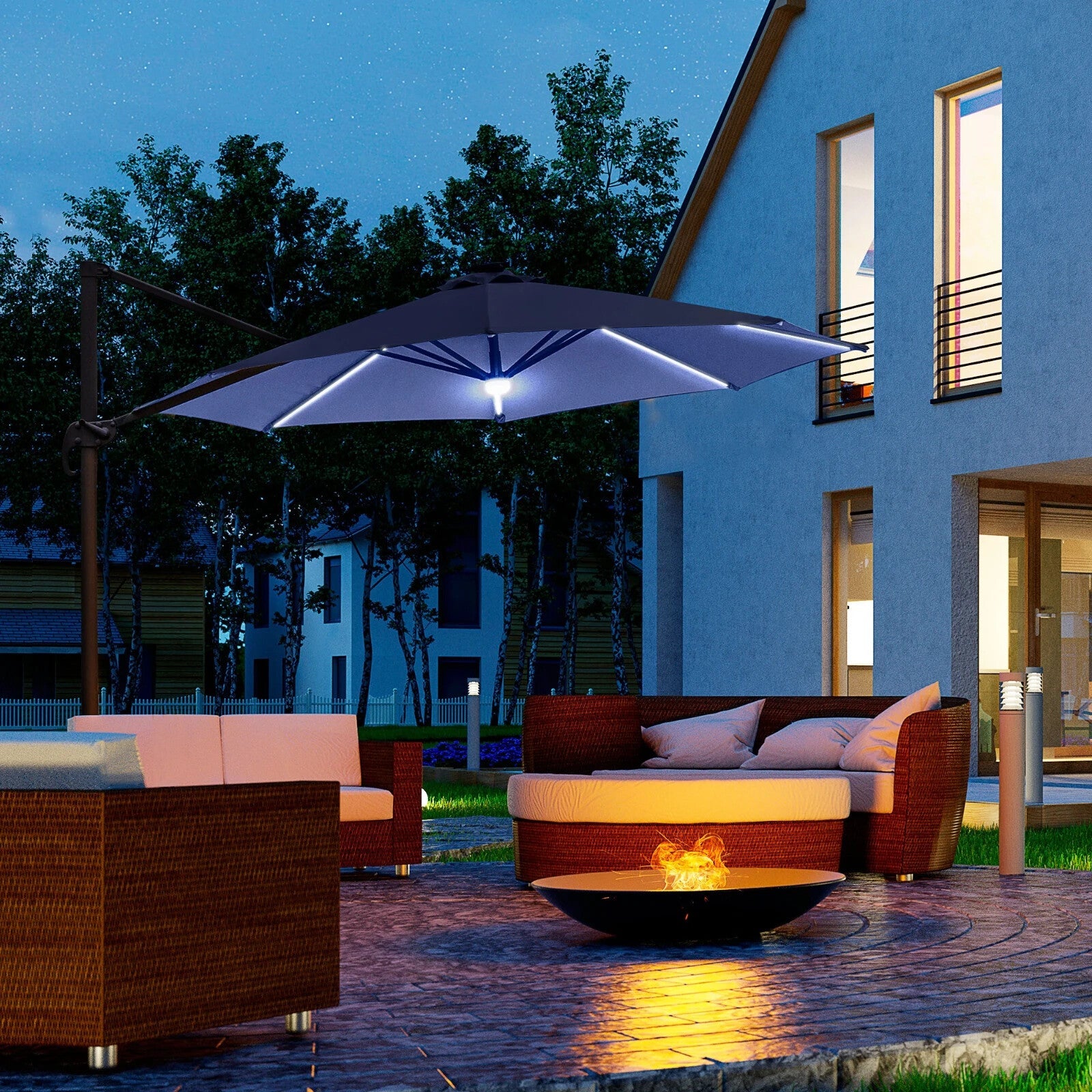 3m LED Cantilever Garden Parasol with Solar Lights and Cross Base 2.92x2.92x2.4m - Home and Garden Furniture Shop - rustic - furniture