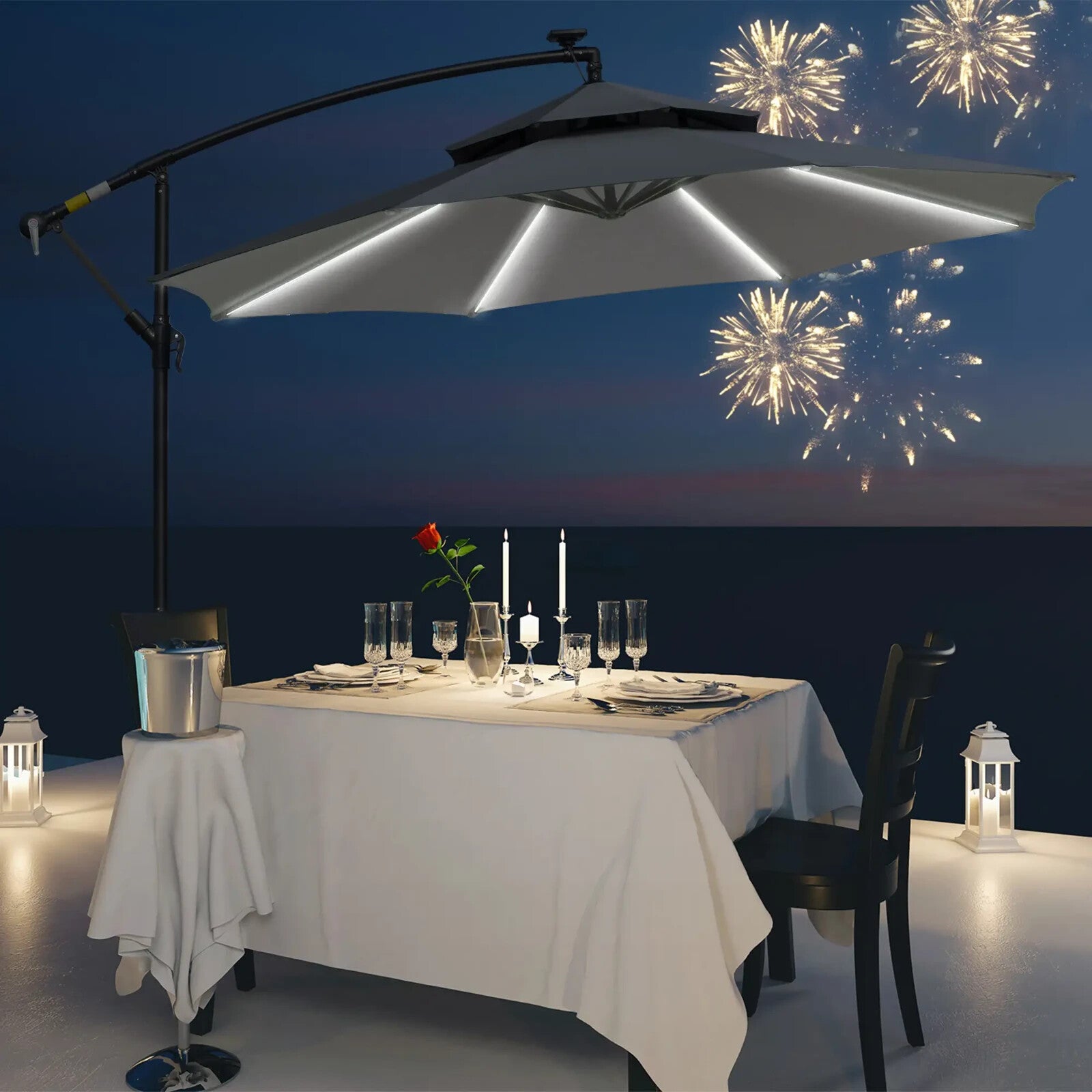 3m LED Cantilever Parasol Banana Hanging Umbrella with Solar Lights and Crank - Home and Garden Furniture Shop - rustic - furniture