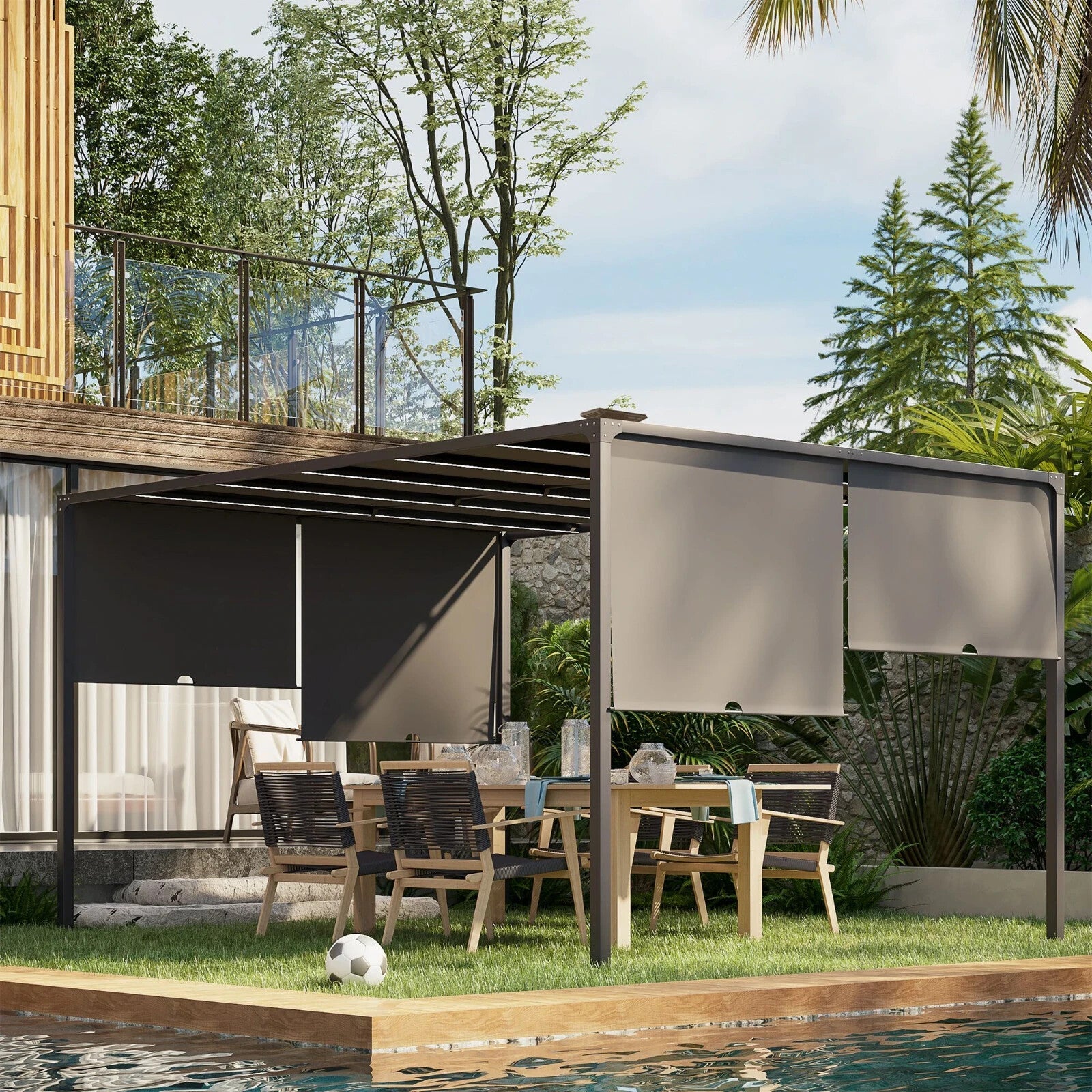 3m x 4m Metal Garden Pergola with Retractable Roof and Solar LED Lights for BBQ - Home and Garden Furniture Shop - rustic - furniture