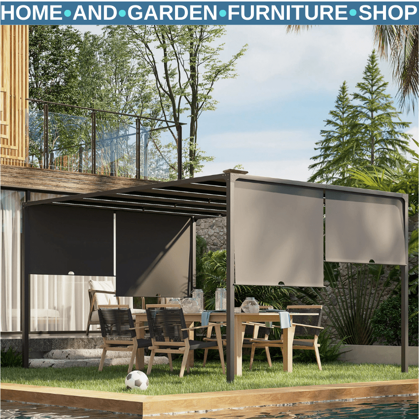 3m x 4m Metal Garden Pergola with Retractable Roof and Solar LED Lights for BBQ - Home and Garden Furniture Shop - rustic - furniture