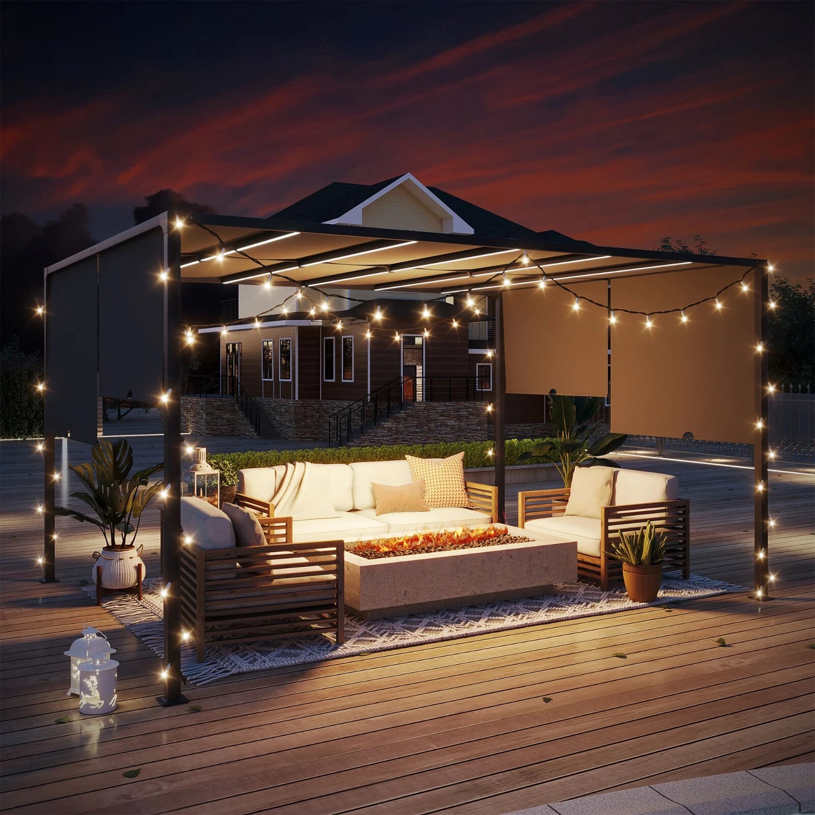 3m x 4m Metal Garden Pergola with Retractable Roof and Solar LED Lights for BBQ - Home and Garden Furniture Shop - rustic - furniture