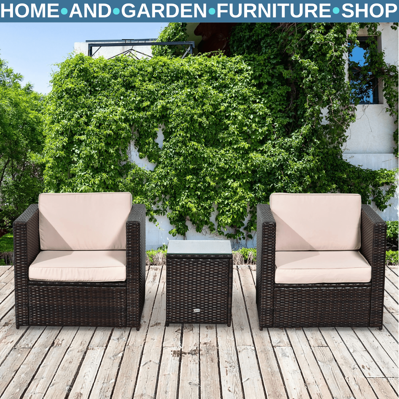 3Pcs Patio 2 Seater Rattan Sofa Garden Furniture Set Coffee Table Seat Cushions - Home and Garden Furniture Shop - rustic - furniture