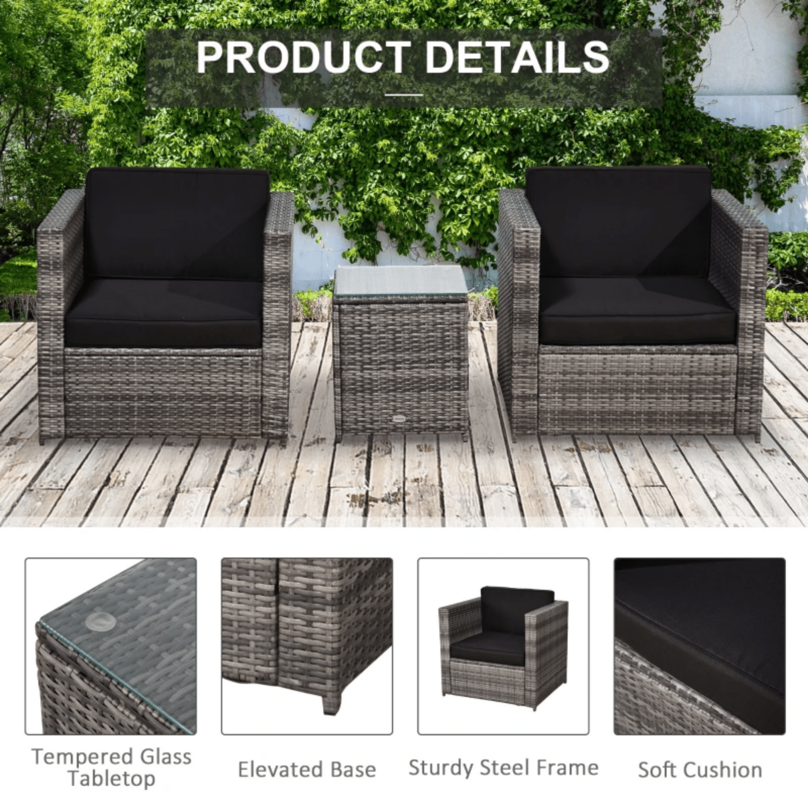 3Pcs Patio 2 Seater Rattan Sofa Garden Furniture Set Coffee Table Seat Cushions - Home and Garden Furniture Shop - #rustic - furniture#