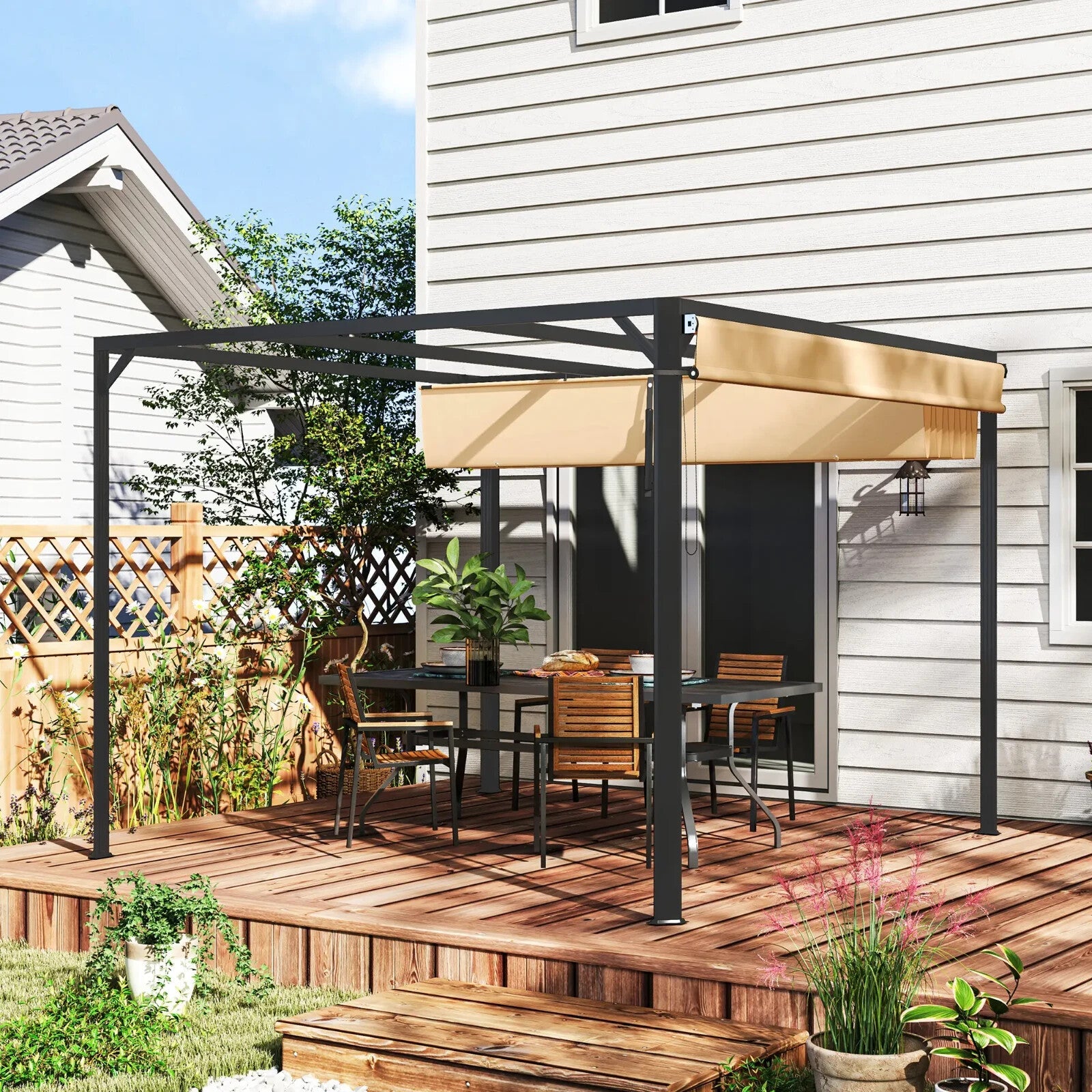 3x3 m Garden Pergola with Retractable Roof Canopy & Roller Shade Aluminium Frame - Home and Garden Furniture Shop - rustic - furniture