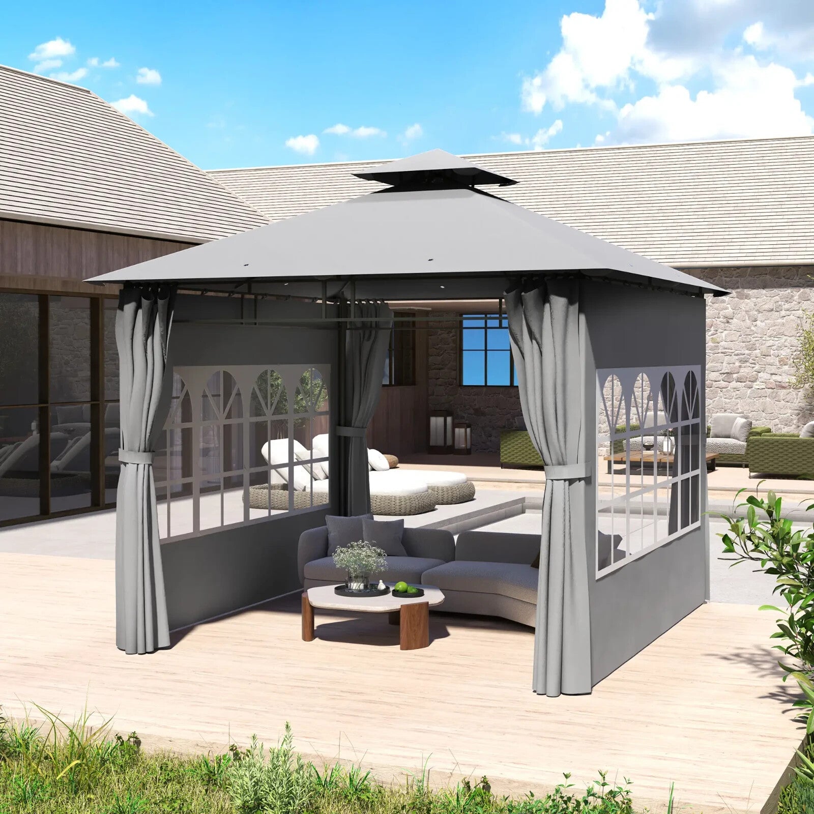 3x3m Metal Garden Gazebo with Double Roof Removable Sidewalls and Church Windows - Home and Garden Furniture Shop - rustic - furniture