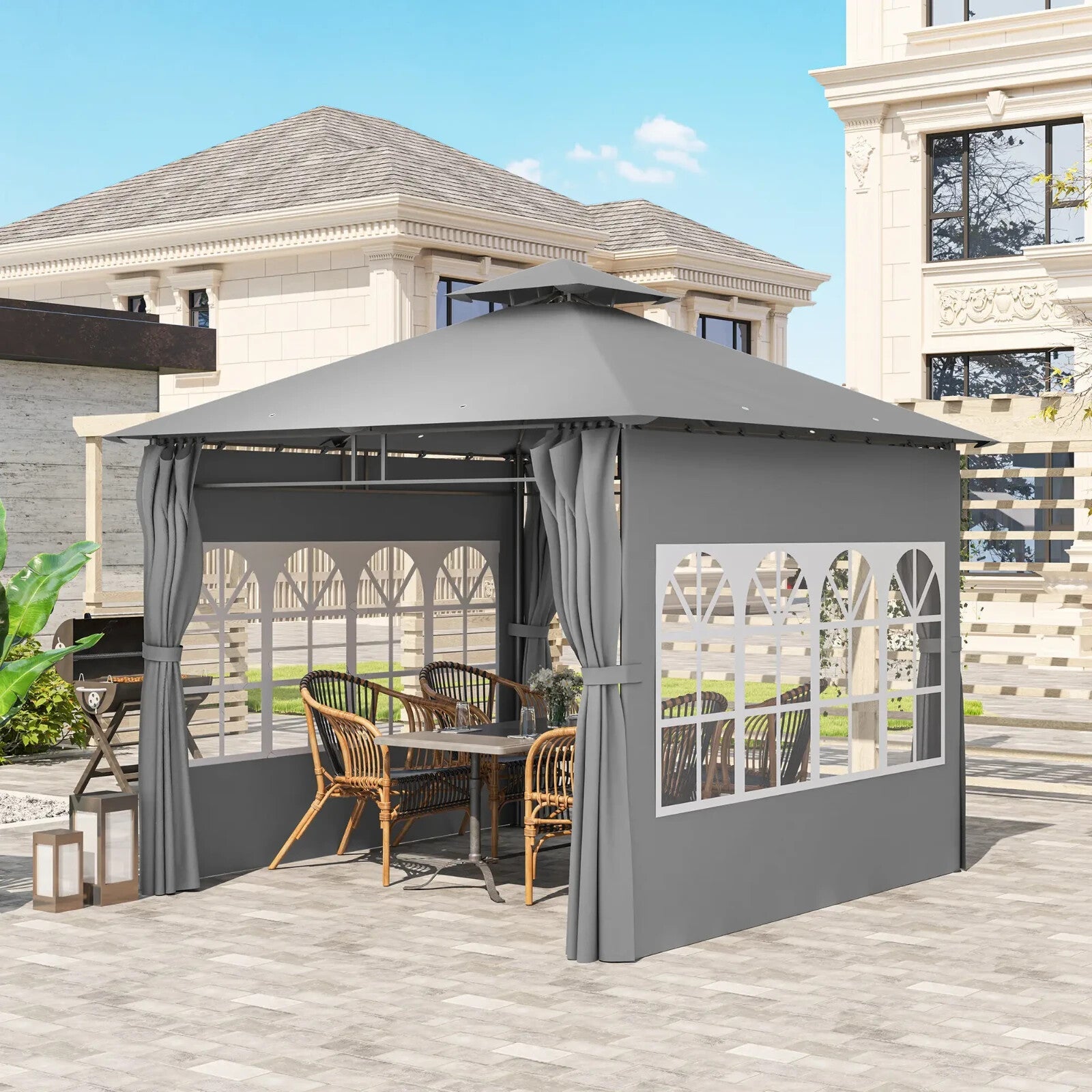 3x3m Metal Garden Gazebo with Double Roof Removable Sidewalls and Church Windows - Home and Garden Furniture Shop - rustic - furniture