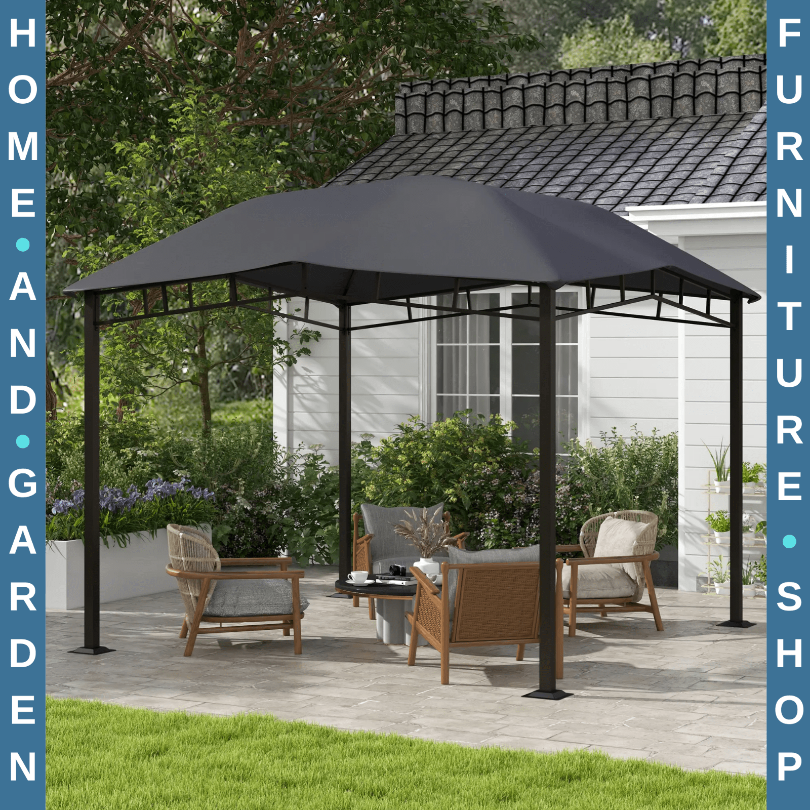 3x3(m) Outdoor Patio Gazebo Metal Garden Pavilion Canopy Tent Steel Frame Grey - Home and Garden Furniture Shop - rustic - furniture