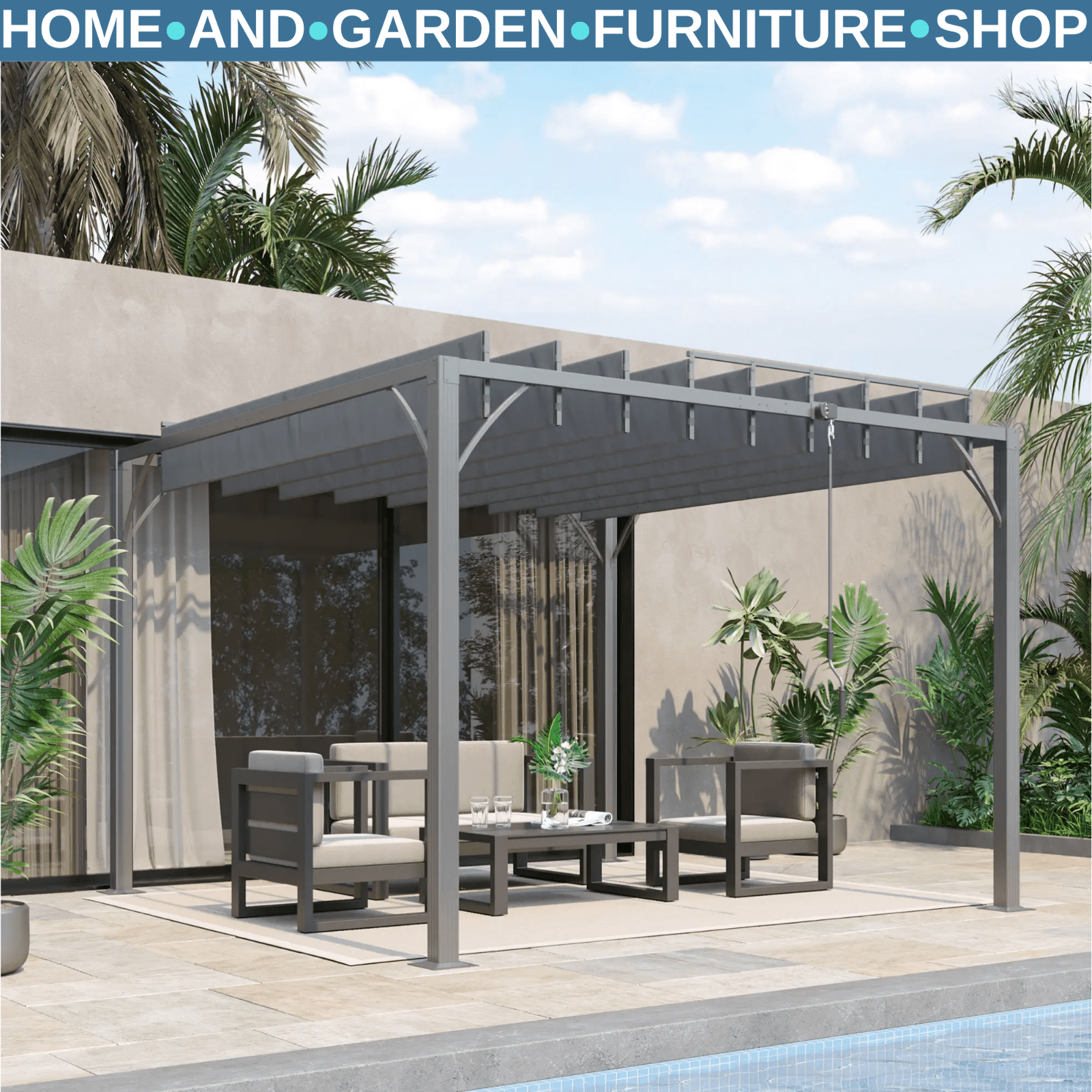 3x3m Outdoor Pergola with Retractable Roof Grey Aluminium Patio Gazebo Canopy - Home and Garden Furniture Shop - rustic - furniture