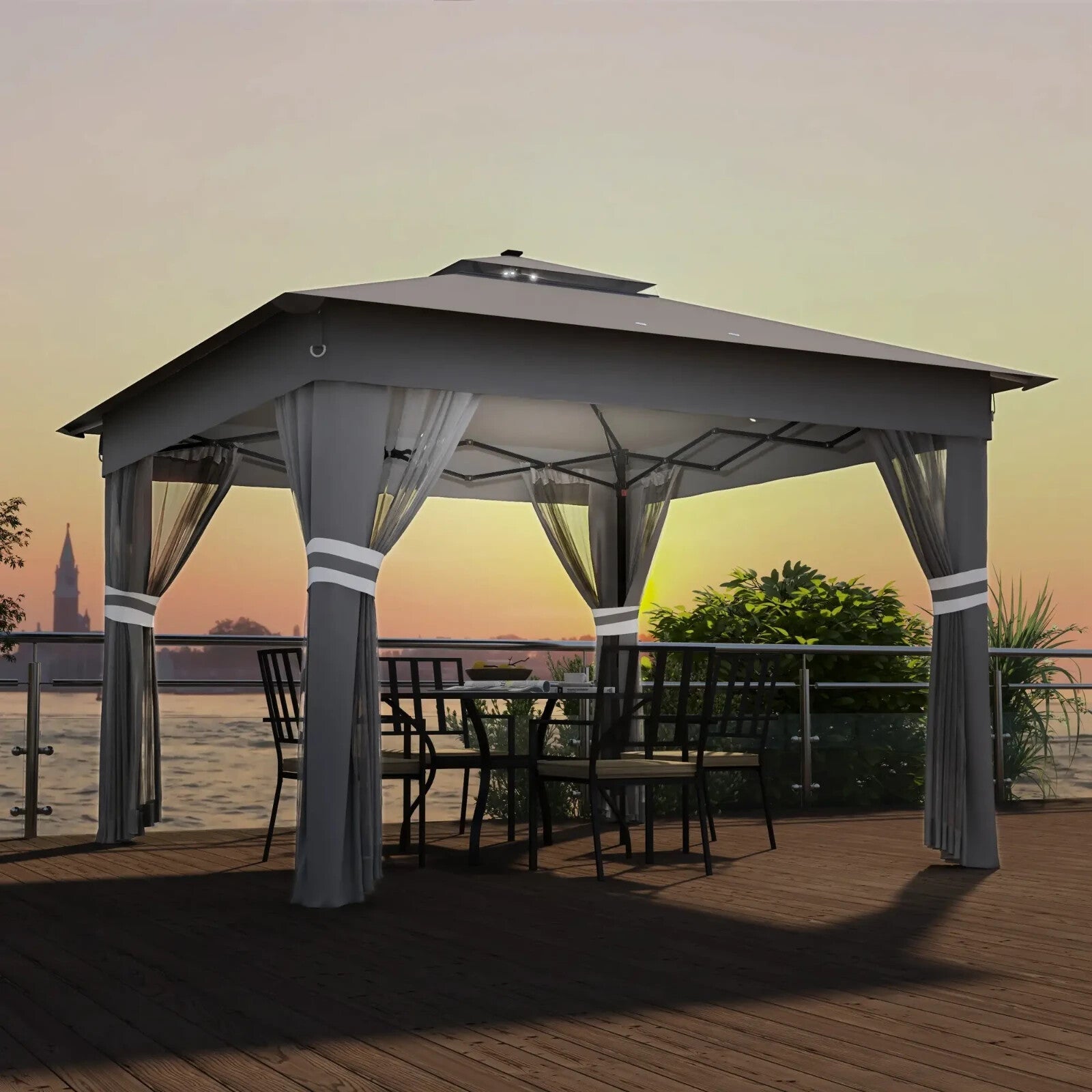 3x3m Pop Up Gazebo with Solar LED Lights Netting Curtain Patio Garden Party Tent - Home and Garden Furniture Shop - rustic - furniture