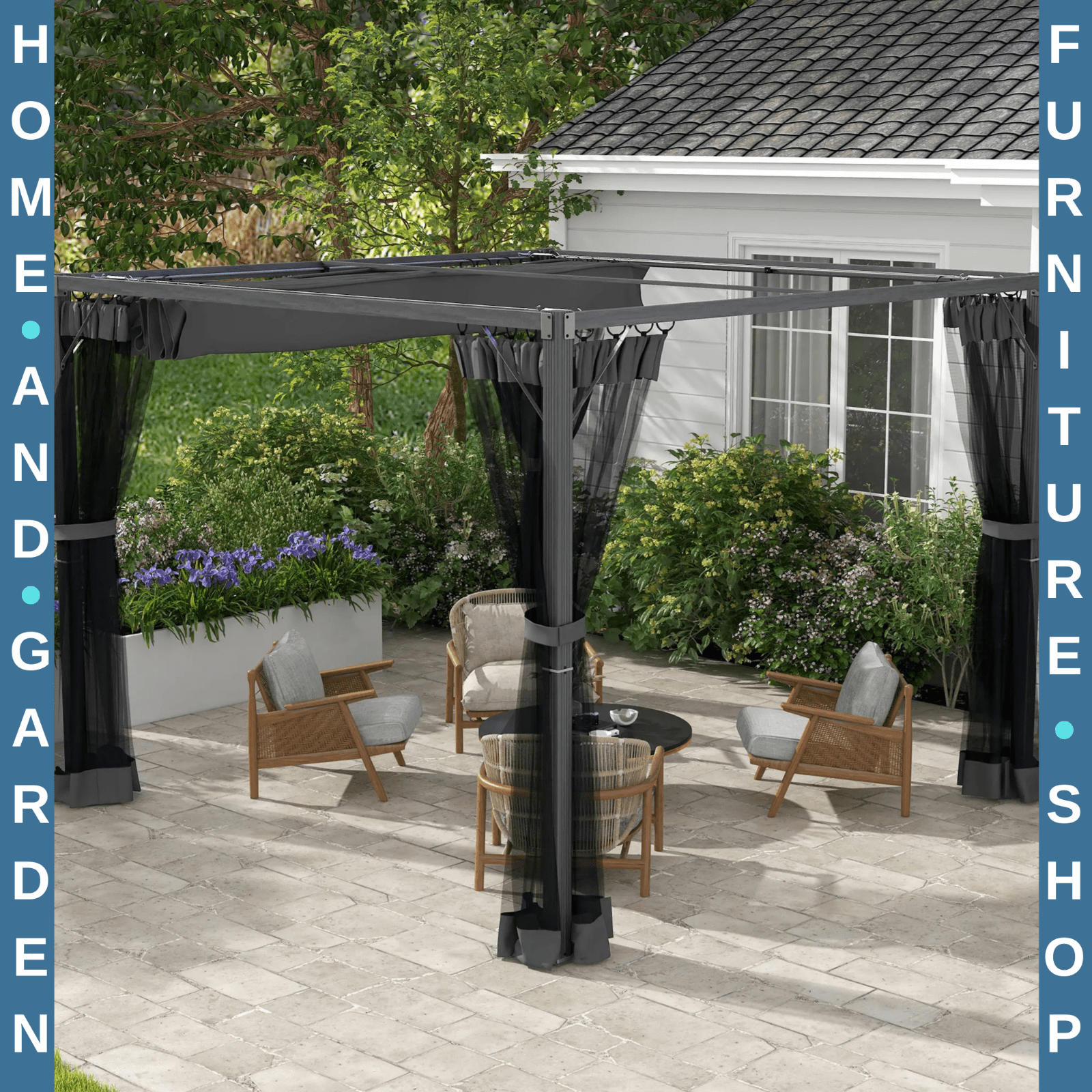3x3m Retractable Pergola Gazebo w/ Netting Garden Shelter Canopy for Patio Deck - Home and Garden Furniture Shop - rustic - furniture