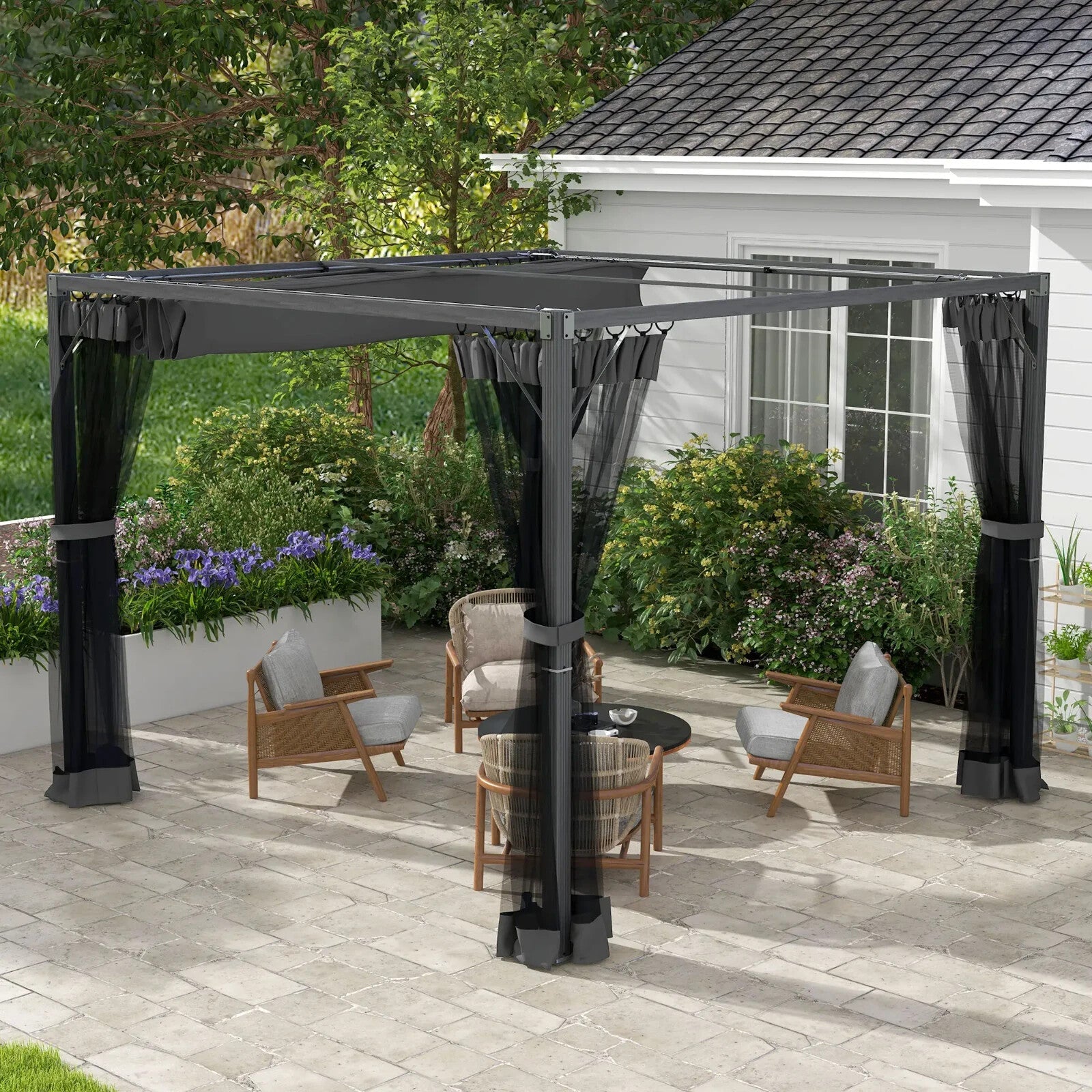 3x3m Retractable Pergola Gazebo w/ Netting Garden Shelter Canopy for Patio Deck - Home and Garden Furniture Shop - rustic - furniture