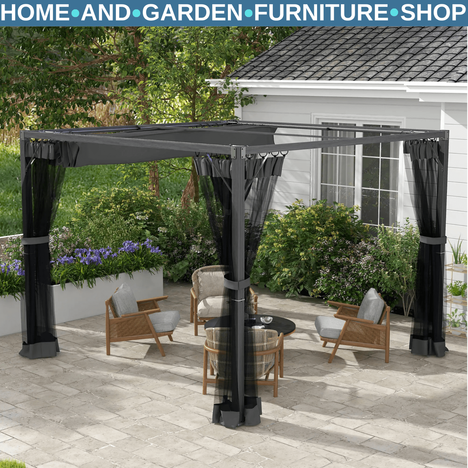3x3m Retractable Pergola Gazebo w/ Netting Garden Shelter Canopy for Patio Deck - Home and Garden Furniture Shop - rustic - furniture