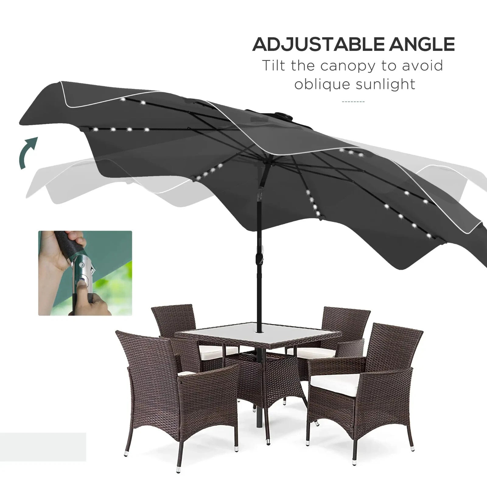 3x3m Solar LED Garden Parasol Patio Umbrella Outdoor Tilt Crank Sun Shade Grey - Home and Garden Furniture Shop - rustic - furniture