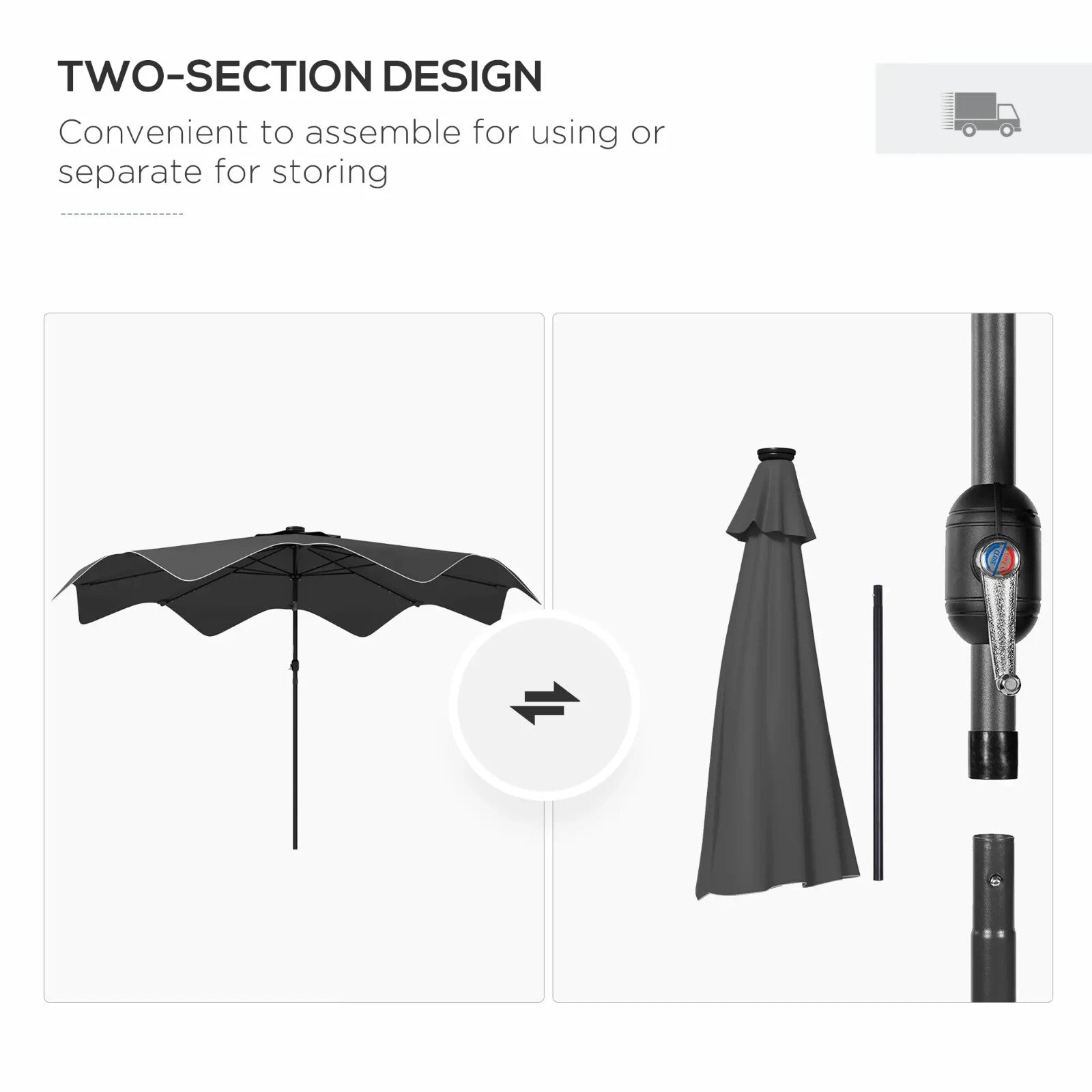 3x3m Solar LED Garden Parasol Patio Umbrella Outdoor Tilt Crank Sun Shade Grey - Home and Garden Furniture Shop - rustic - furniture