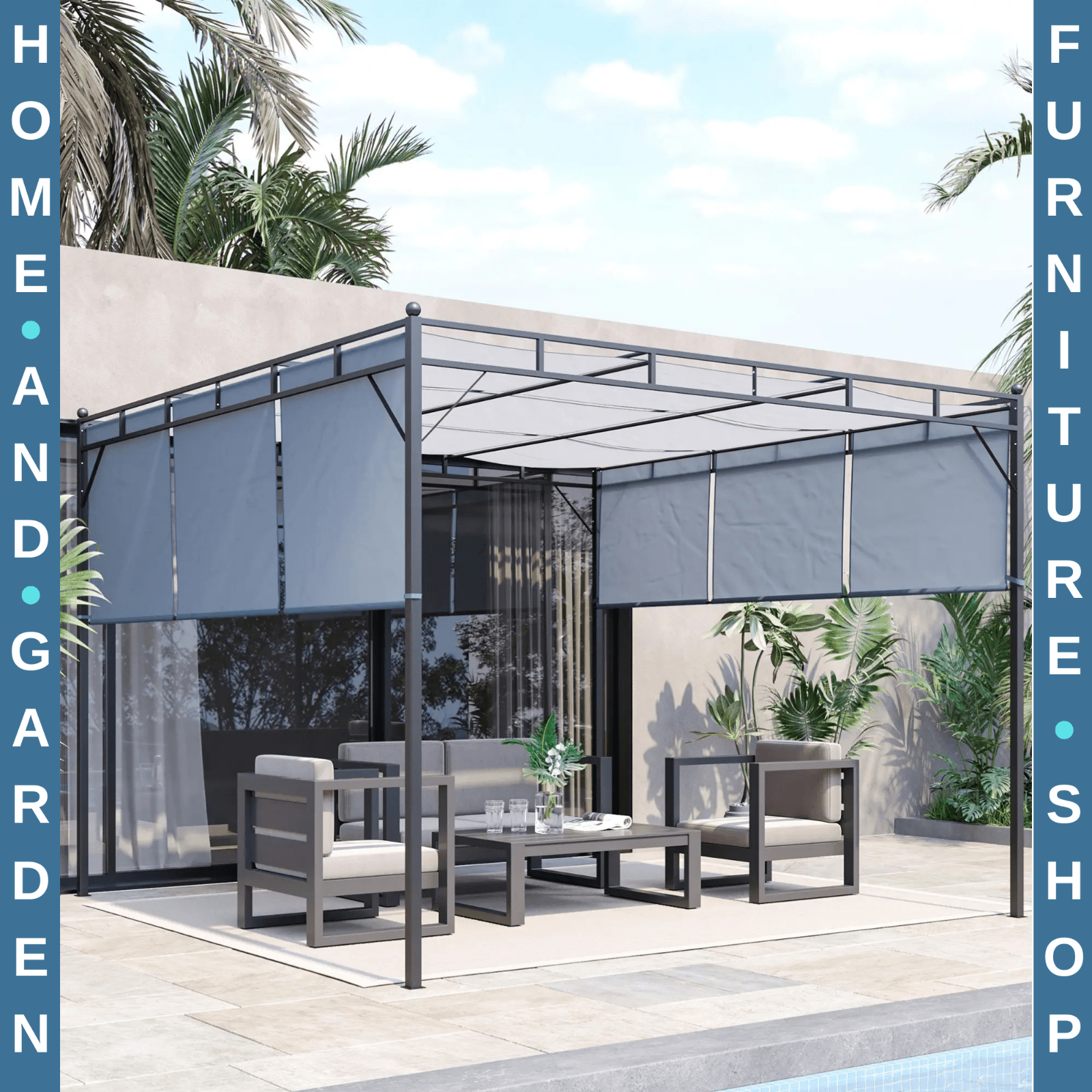 3x3m Steel Pergola Gazebo with Retractable Roof Canopy Garden Patio Shelter - Home and Garden Furniture Shop - rustic - furniture