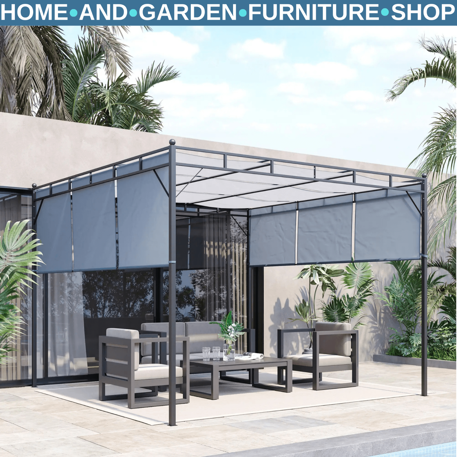 3x3m Steel Pergola Gazebo with Retractable Roof Canopy Garden Patio Shelter - Home and Garden Furniture Shop - rustic - furniture
