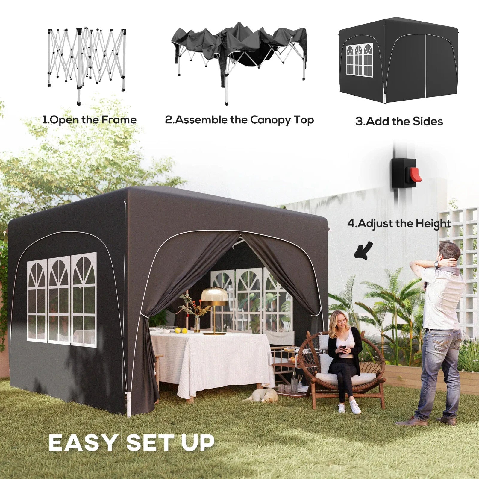 3x3m UPF50+ Pop - Up Gazebo with Metal Frame Sides and Zipper Carry Bag, Black - Home and Garden Furniture Shop - rustic - furniture