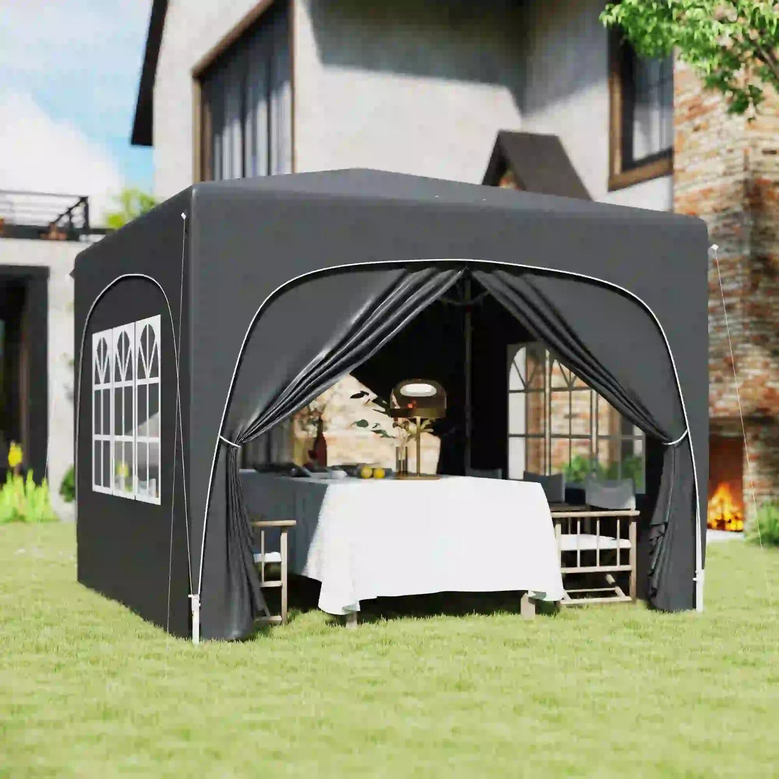 3x3m UPF50+ Pop - Up Gazebo with Metal Frame Sides and Zipper Carry Bag, Black - Home and Garden Furniture Shop - rustic - furniture