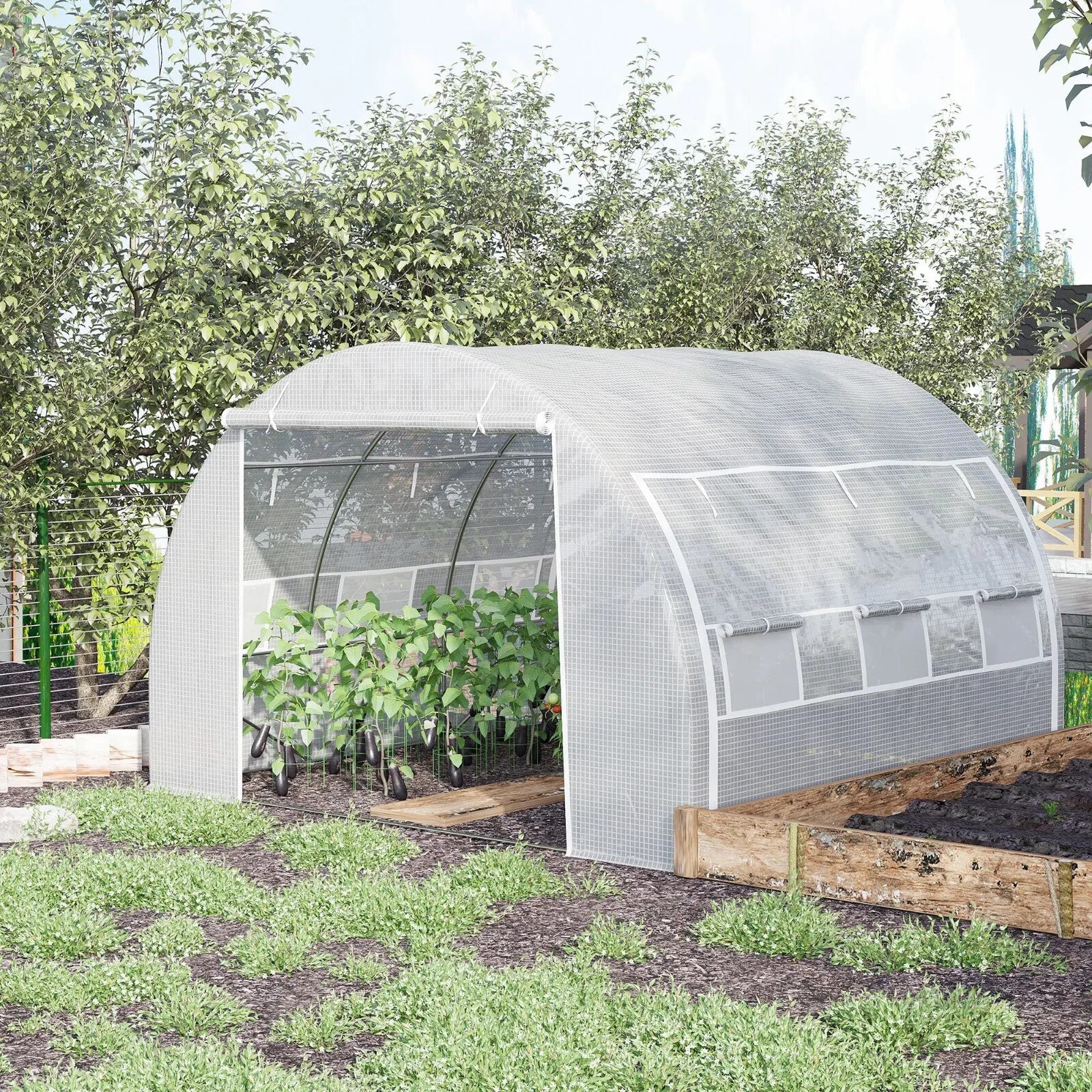 3x3x2 m Walk - In Polytunnel Greenhouse with Reinforced Cover & Zipped Door White - Home and Garden Furniture Shop - rustic - furniture