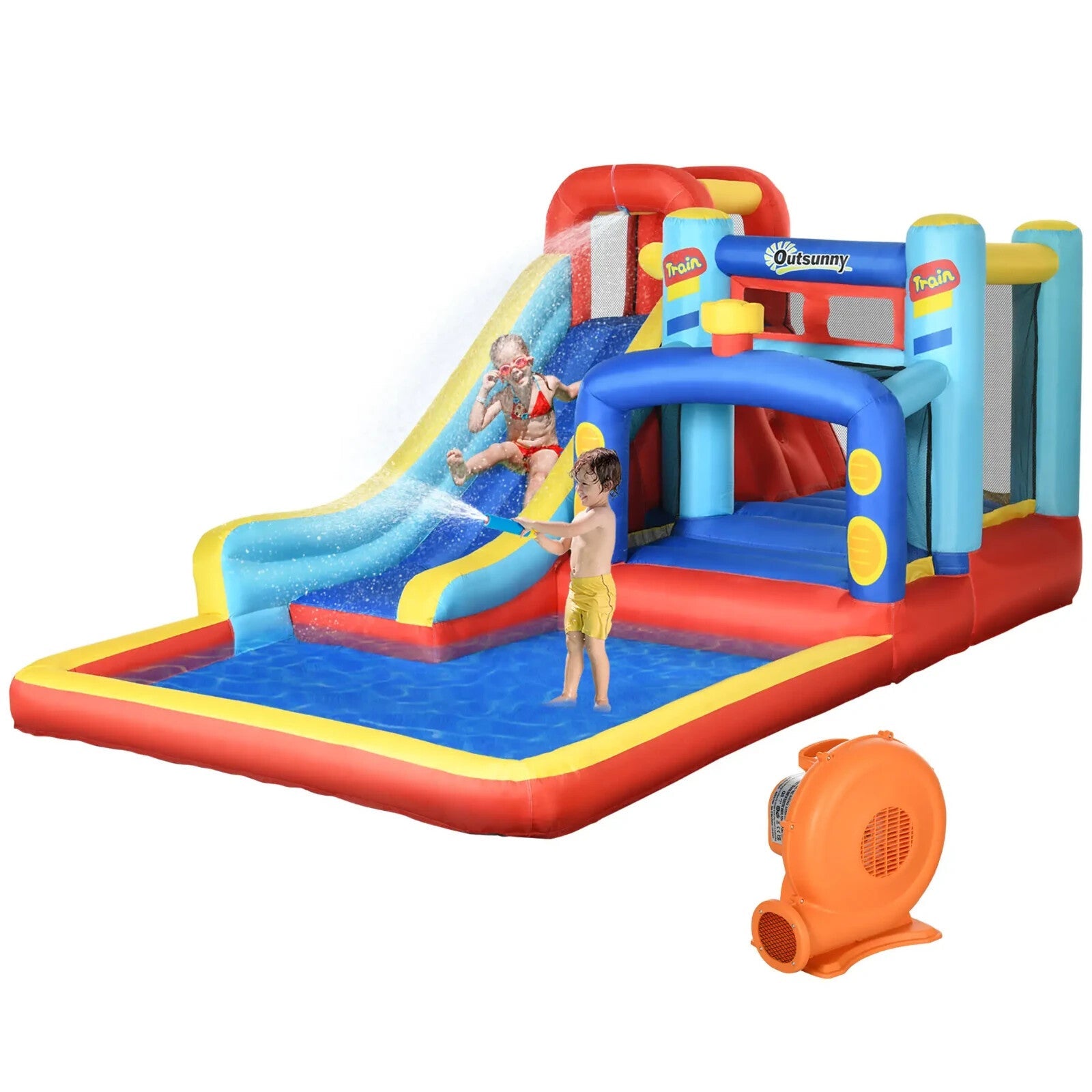 4 in 1 Bouncy Castle with Slide Pool Trampoline Climbing Wall and Air Blower - Home and Garden Furniture Shop - rustic - furniture